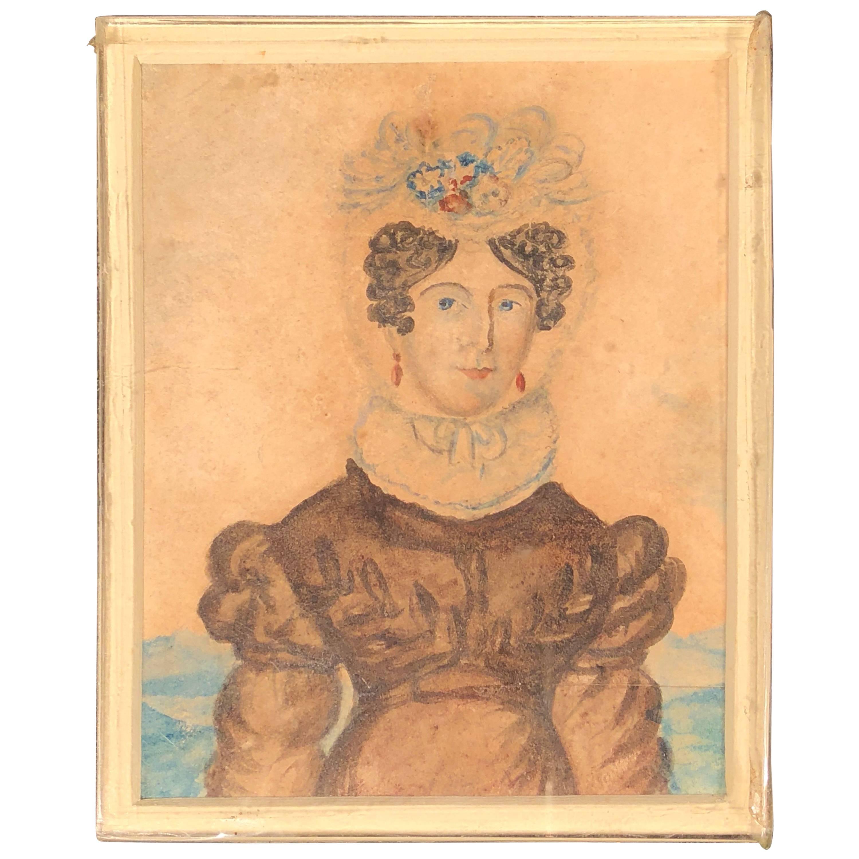 Folk Art Miniature Watercolor of Fancy Lady For Sale
