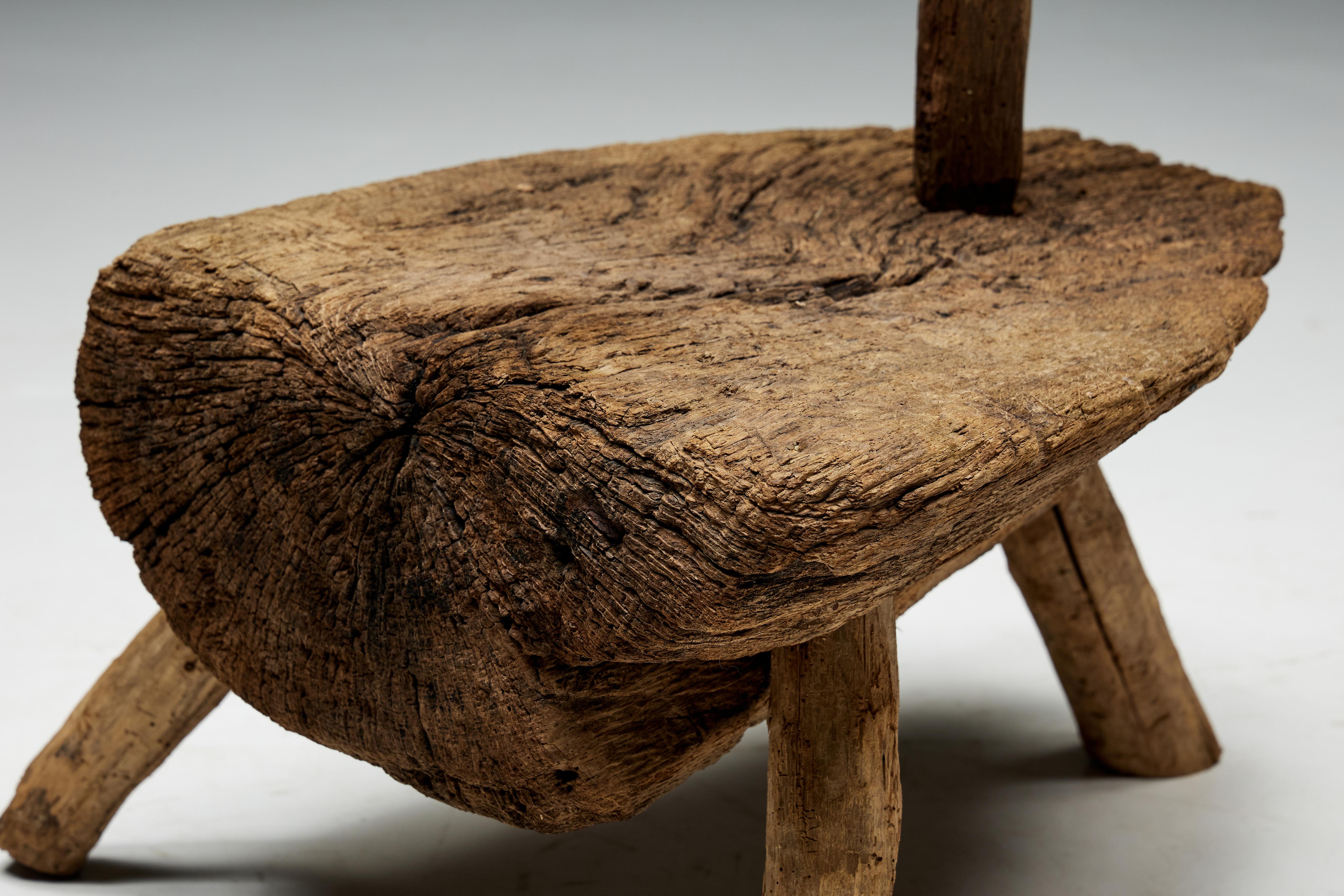 Brutalist Folk Art Monoxylite Tripod Hearth Chair, France, 19th Century For Sale