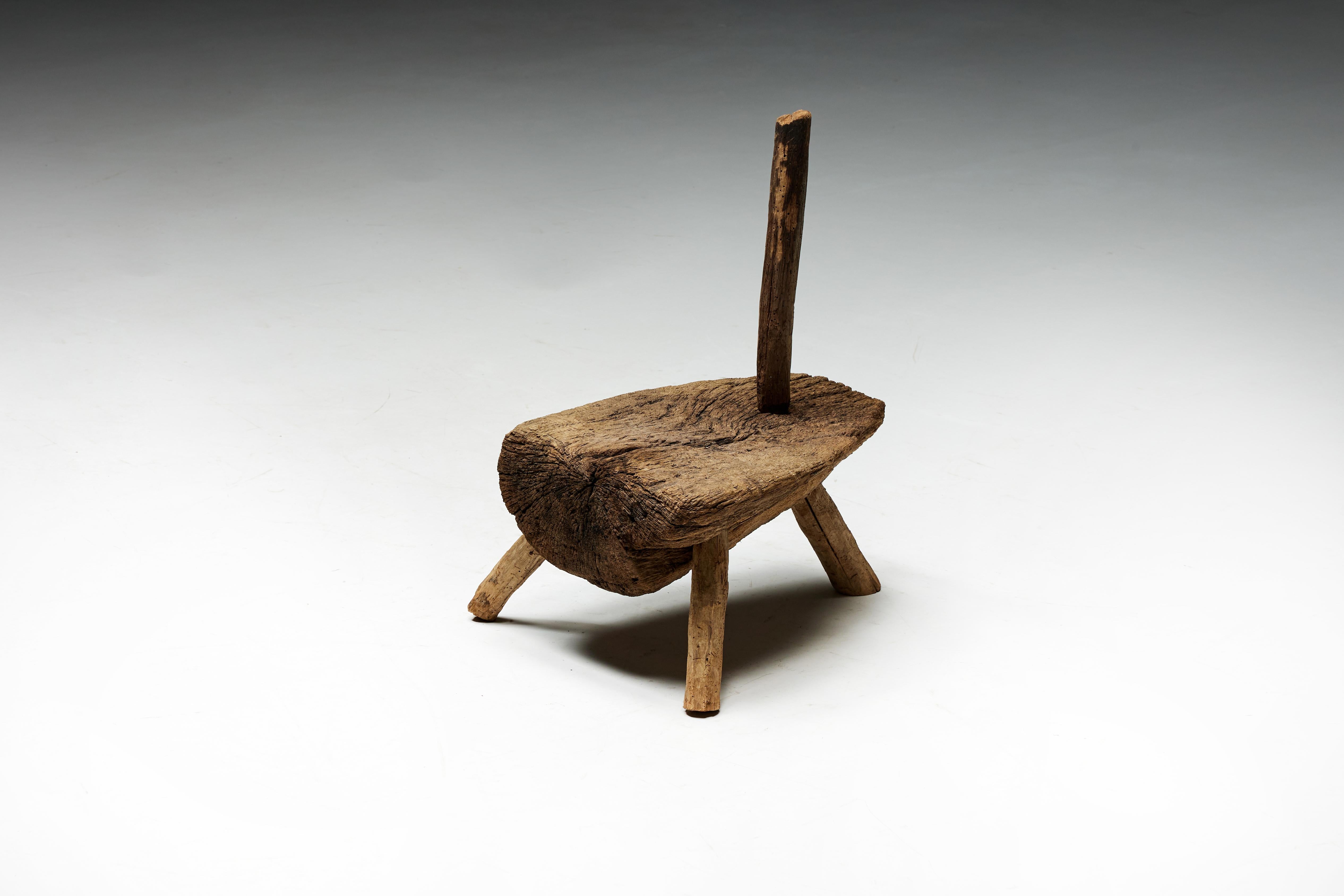 French Folk Art Monoxylite Tripod Hearth Chair, France, 19th Century For Sale