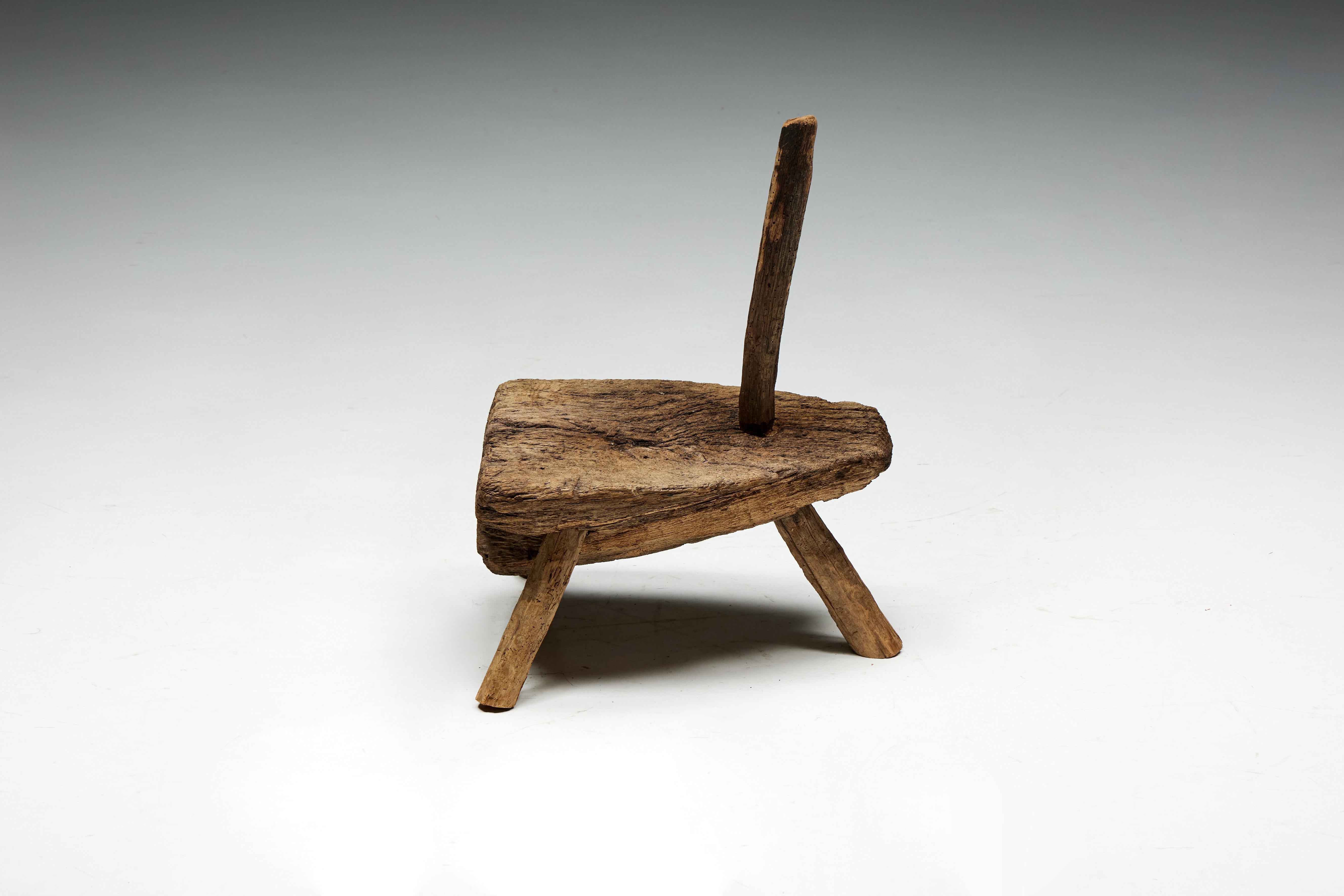 Wood Folk Art Monoxylite Tripod Hearth Chair, France, 19th Century For Sale