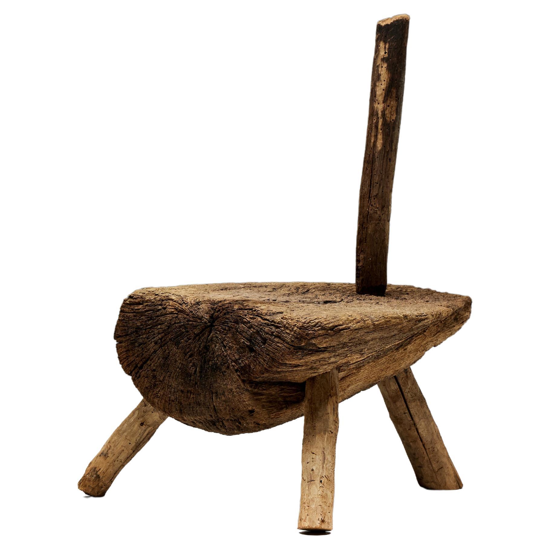Folk Art Monoxylite Tripod Hearth Chair, France, 19th Century For Sale