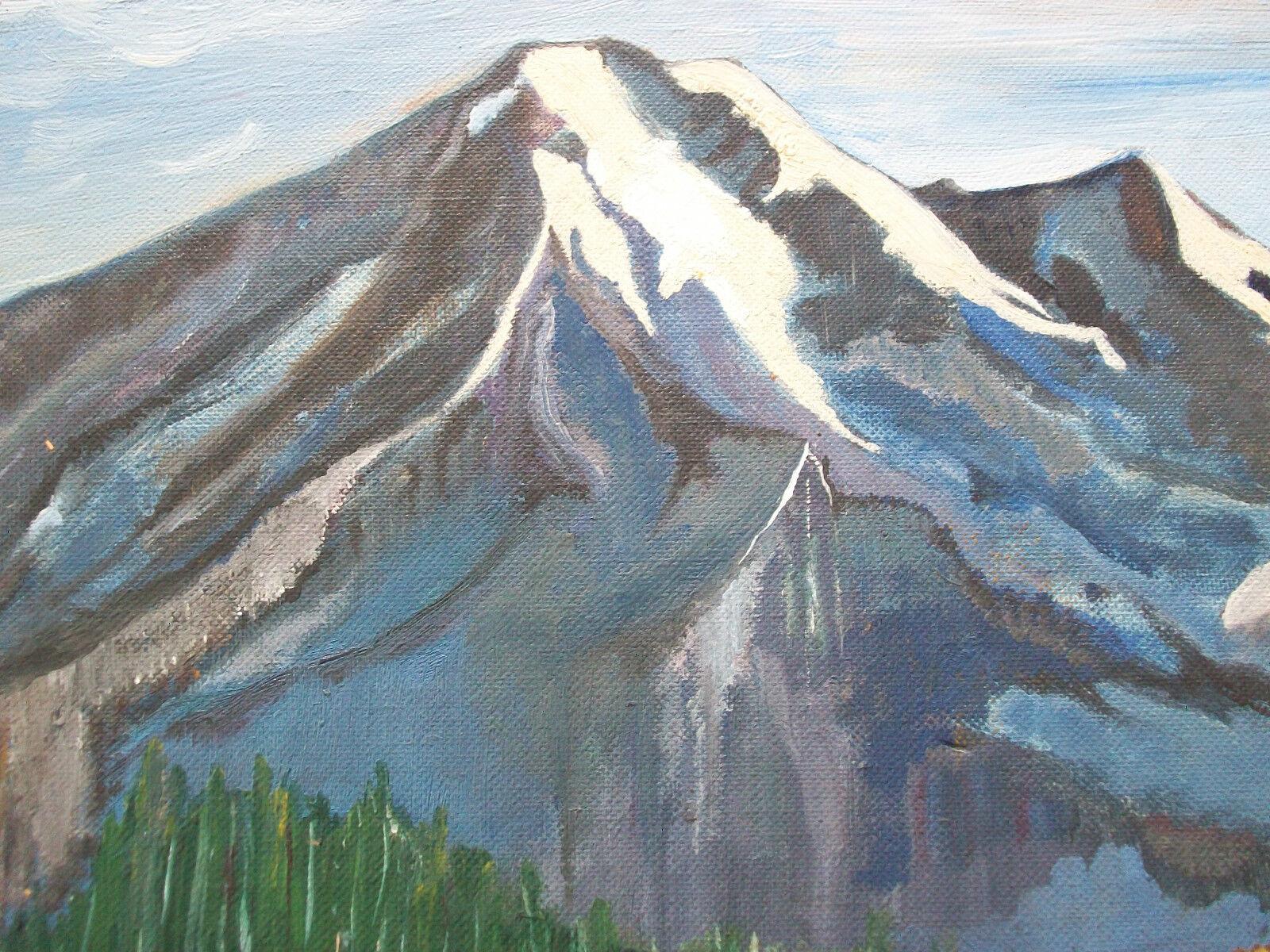 Mid Century folk art mountain landscape oil painting on artist's canvas board - unframed - initialed lower right - Canada - circa 1956.

Good vintage condition - no loss - no apparent restoration - minor grime & scuffs from age and use - ready to