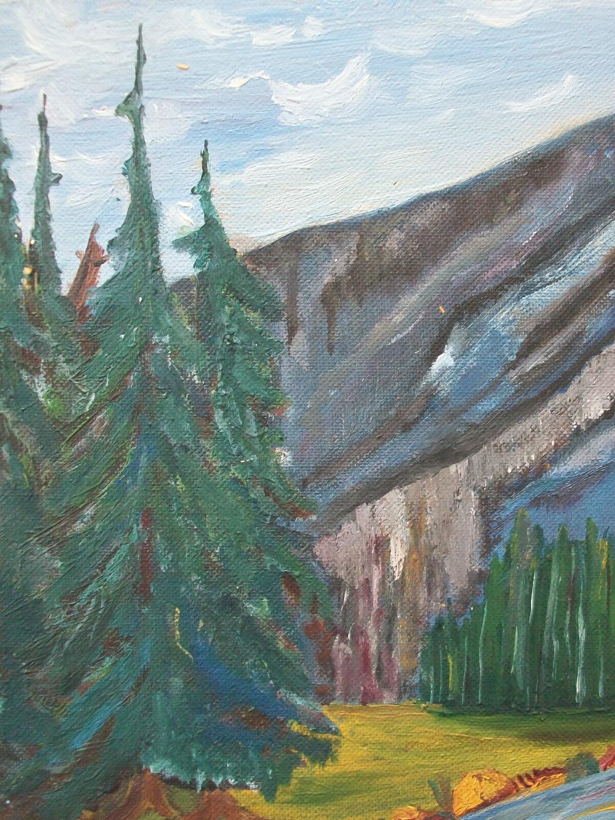 Hand-Painted Folk Art Mountain Landscape Painting - Initialed & Dated - Canada - Circa 1956 For Sale