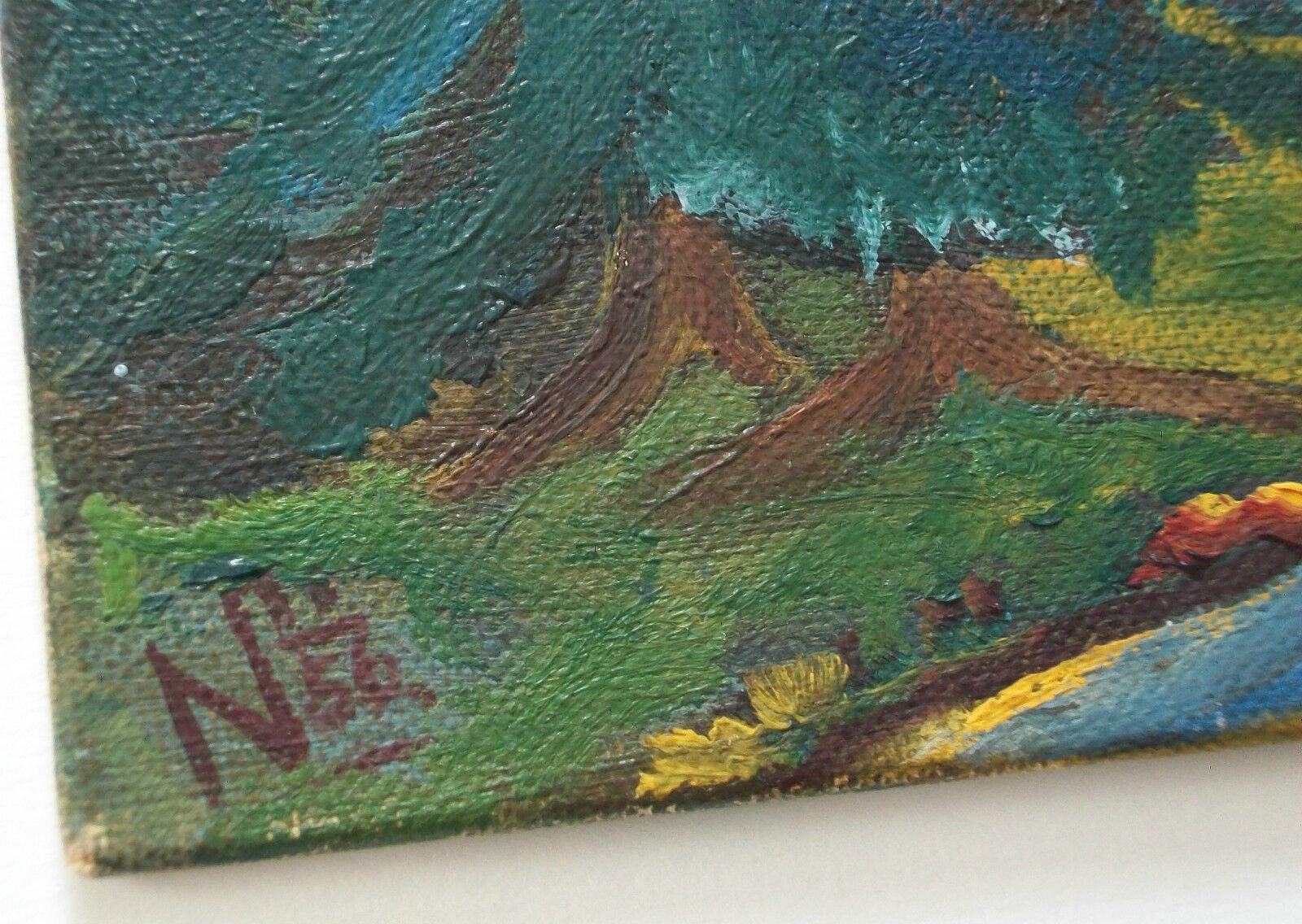 Peint à la main Peinture d'un paysage de montagne - Initiée et datée - Canada - vers 1956 en vente