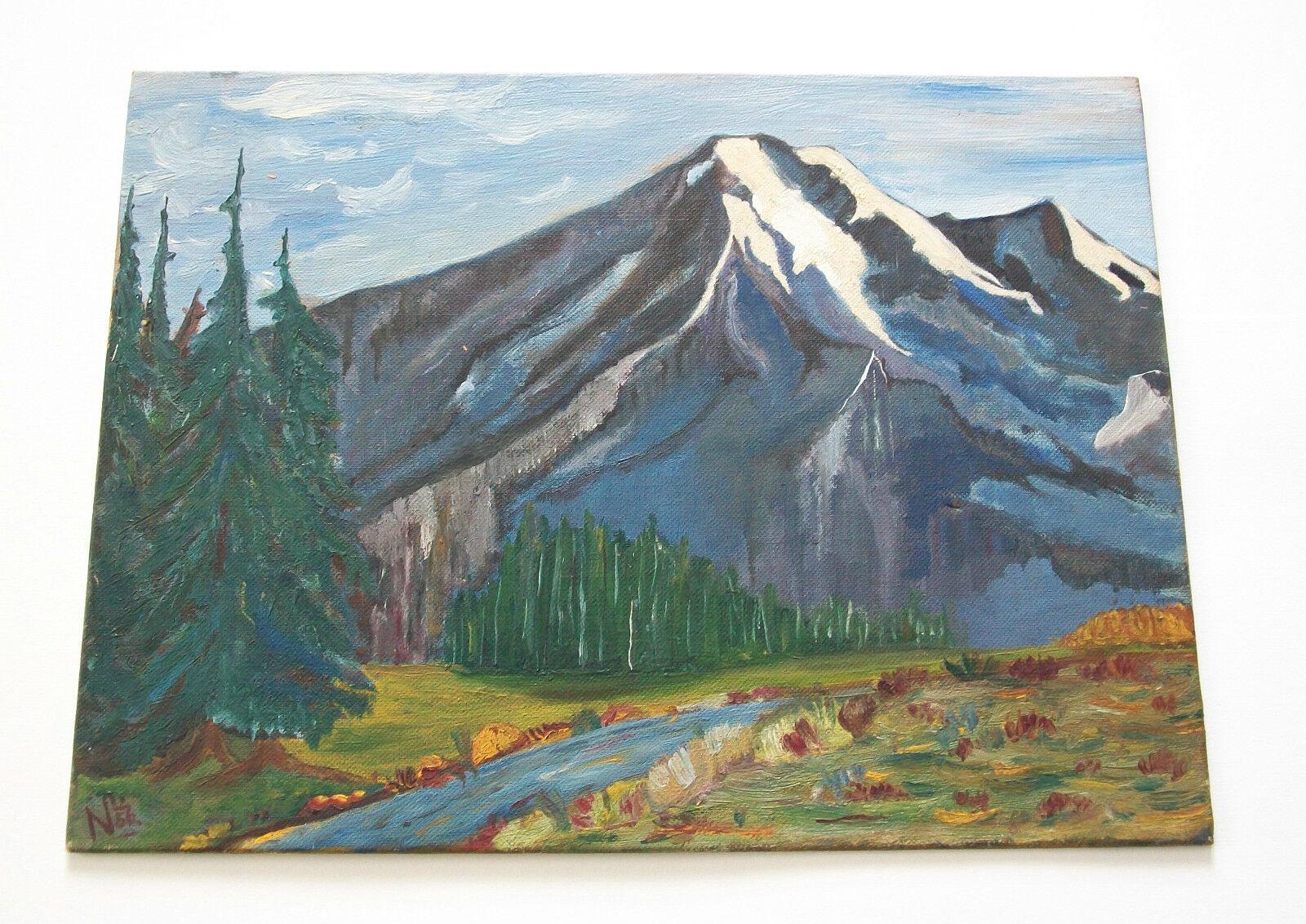 Peinture d'un paysage de montagne - Initiée et datée - Canada - vers 1956 Bon état - En vente à Chatham, ON