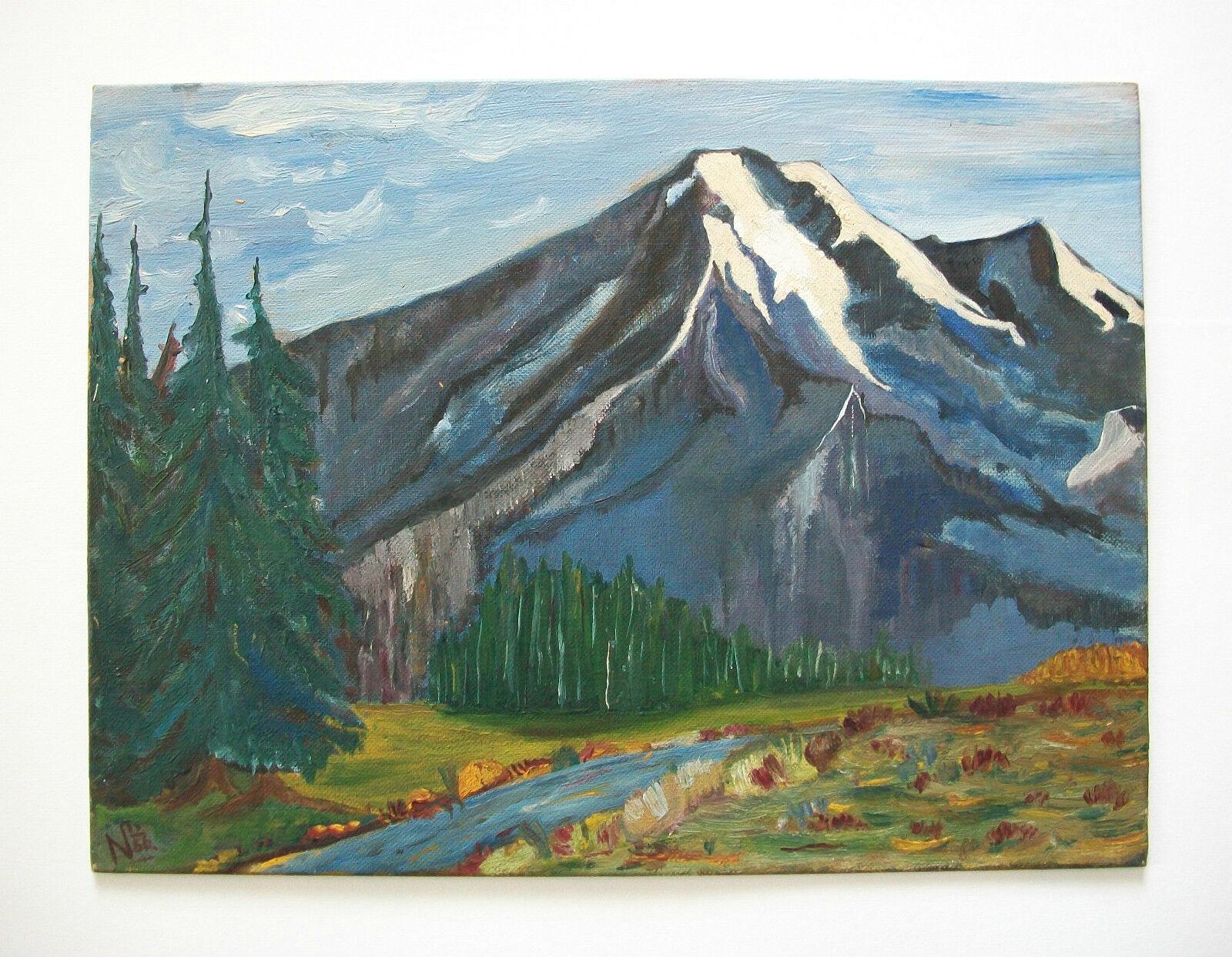 Canvas Folk Art Mountain Landscape Painting - Initialed & Dated - Canada - Circa 1956 For Sale
