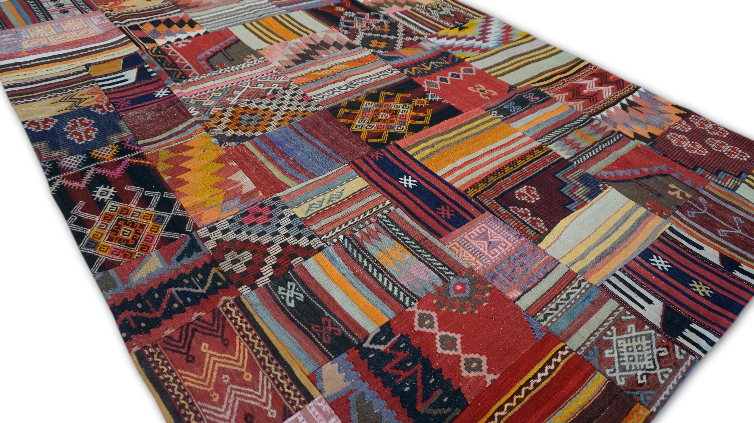 Turkish Folk Art Multi-Colored Patchwork Designed Wool Rug 6'8''x10' For Sale