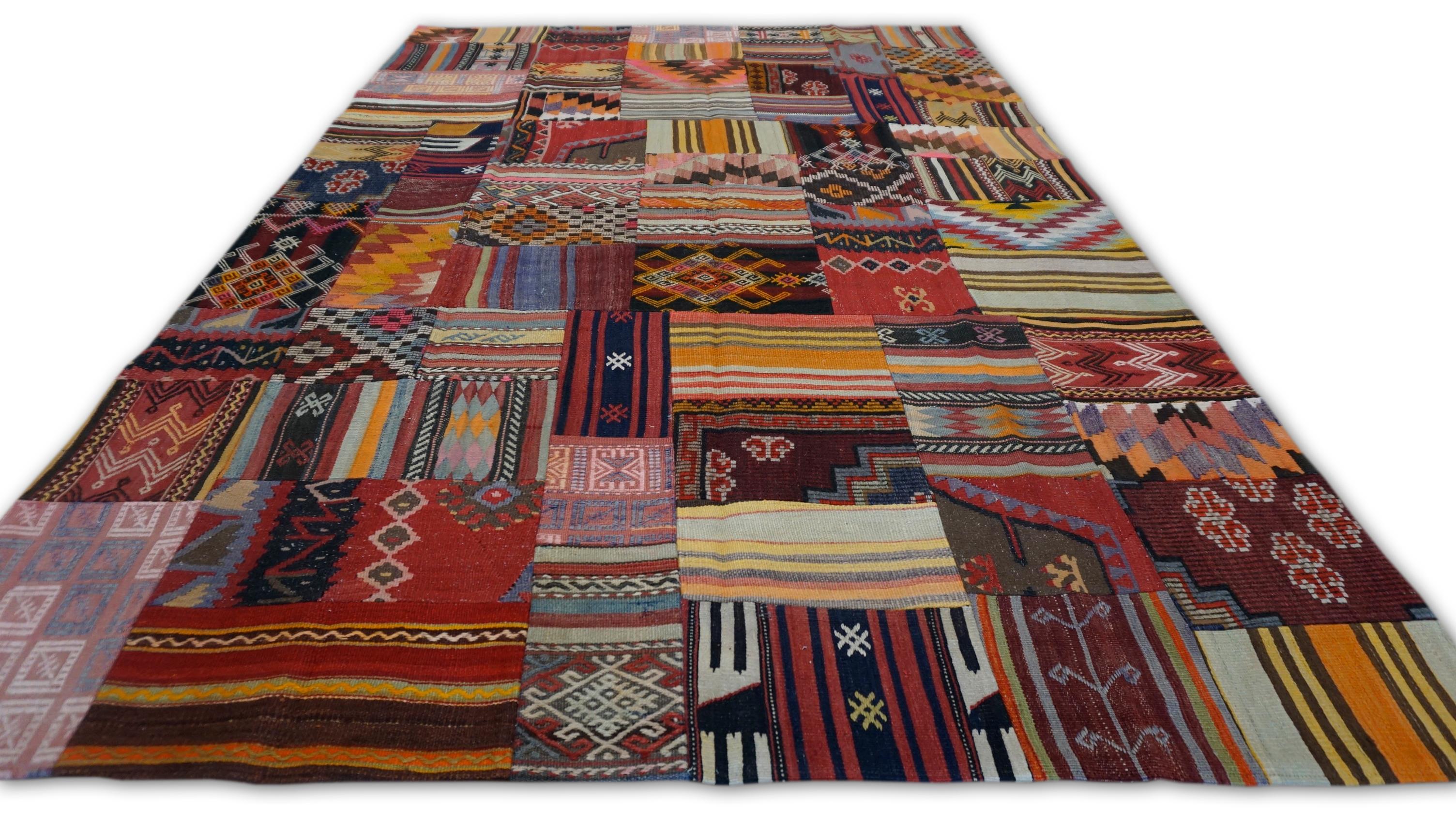 Hand-Woven Folk Art Multi-Colored Patchwork Designed Wool Rug 6'8''x10' For Sale