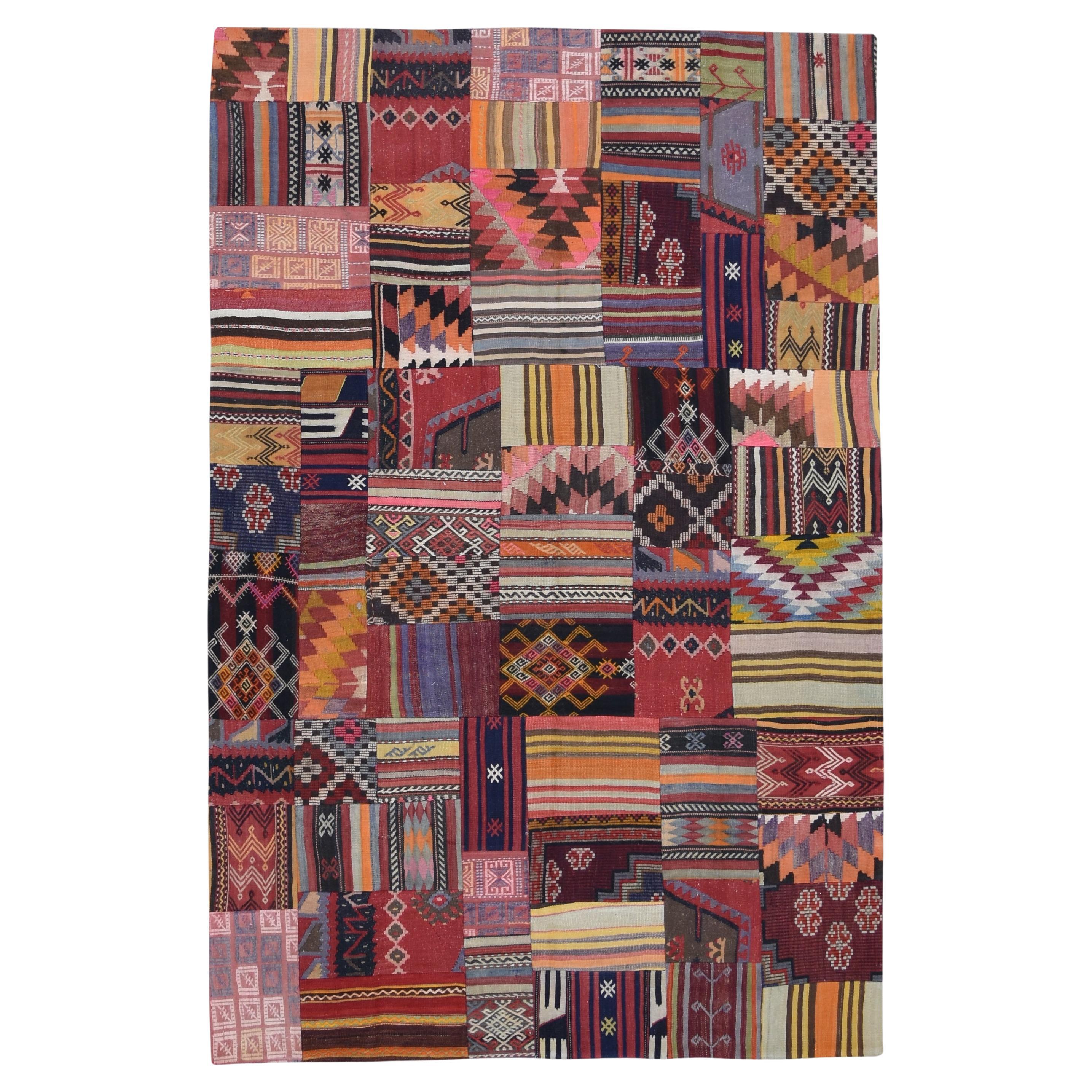 Folk Art Multi-Colored Patchwork Designed Wool Rug 6'8''x10' For Sale