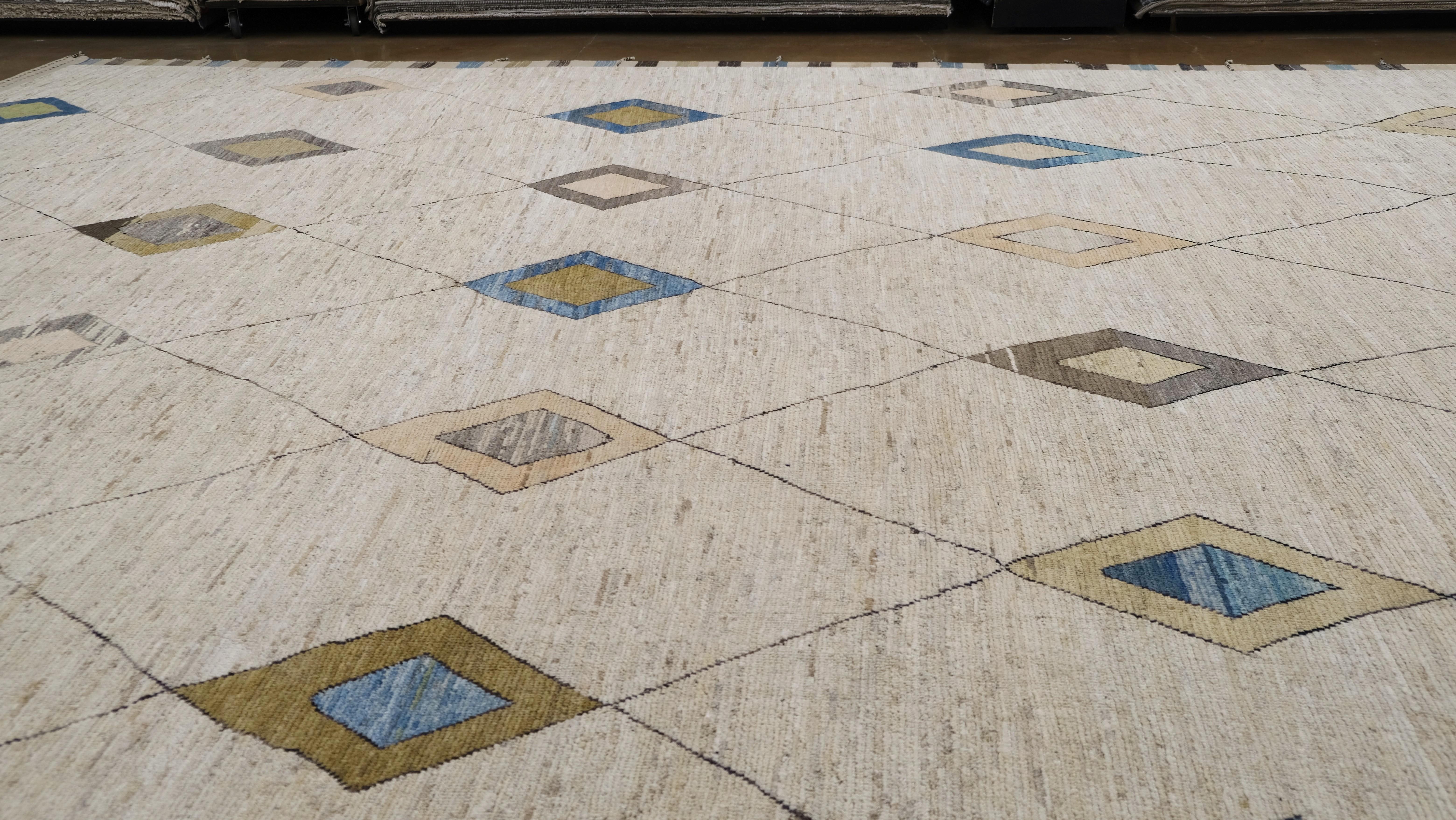 Hand-Knotted Folk Art Multi-Colored Tribal Diamond Motif Wool Rug 17'3''x28' For Sale