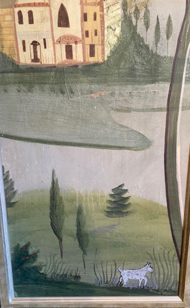 Folk Art Mural Landscape Painting von David Wiggins, circa 1990er Jahre, ein phantasievolles Landschaftsgemälde in Öl auf Leinwand, das weitgehend von den Wandgemälden der Hudson River School von Rufus Porter (Maine: 1792 - 1884) inspiriert ist. Das