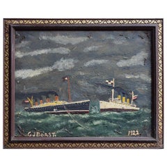 Peinture d'art populaire naïve à l'huile sur carton représentant le Titanic, vers 1922