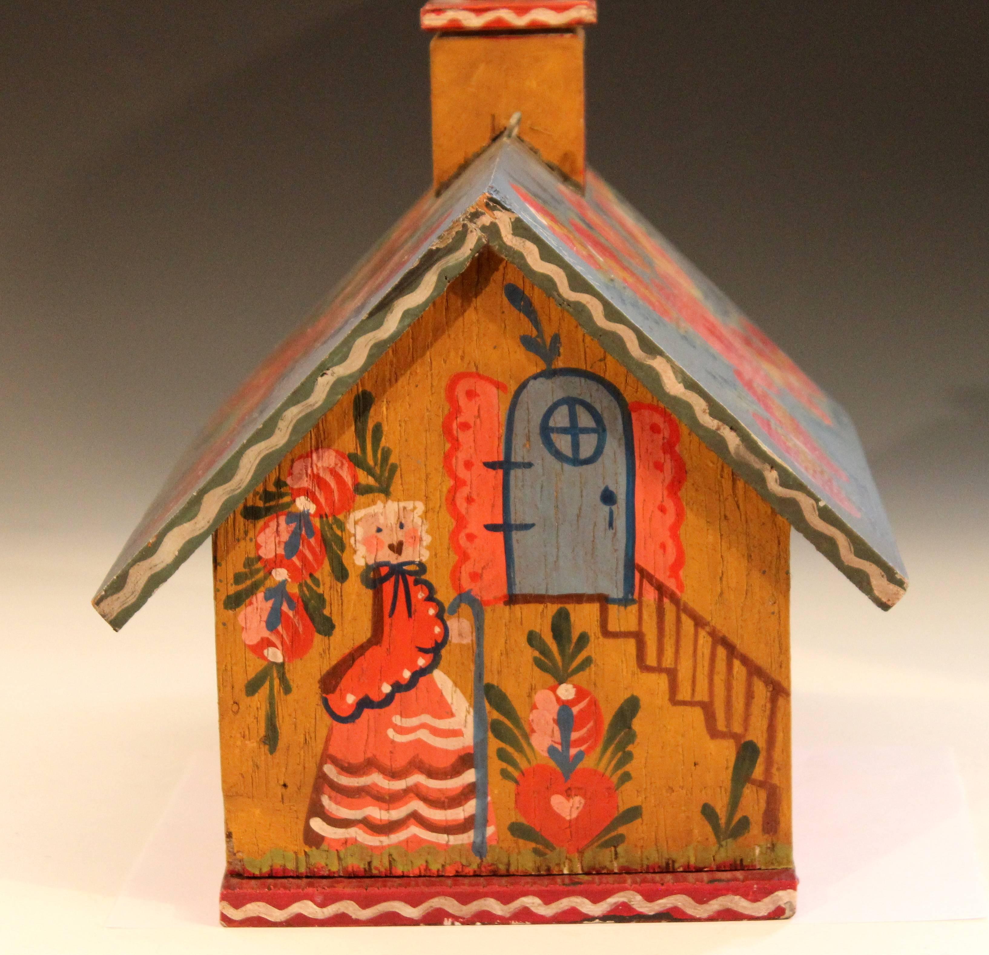 Folk Art Nancy Whorf Wood Vintage Bird House Signed Sculpture Painted Peter Hunt In Excellent Condition In Wilton, CT