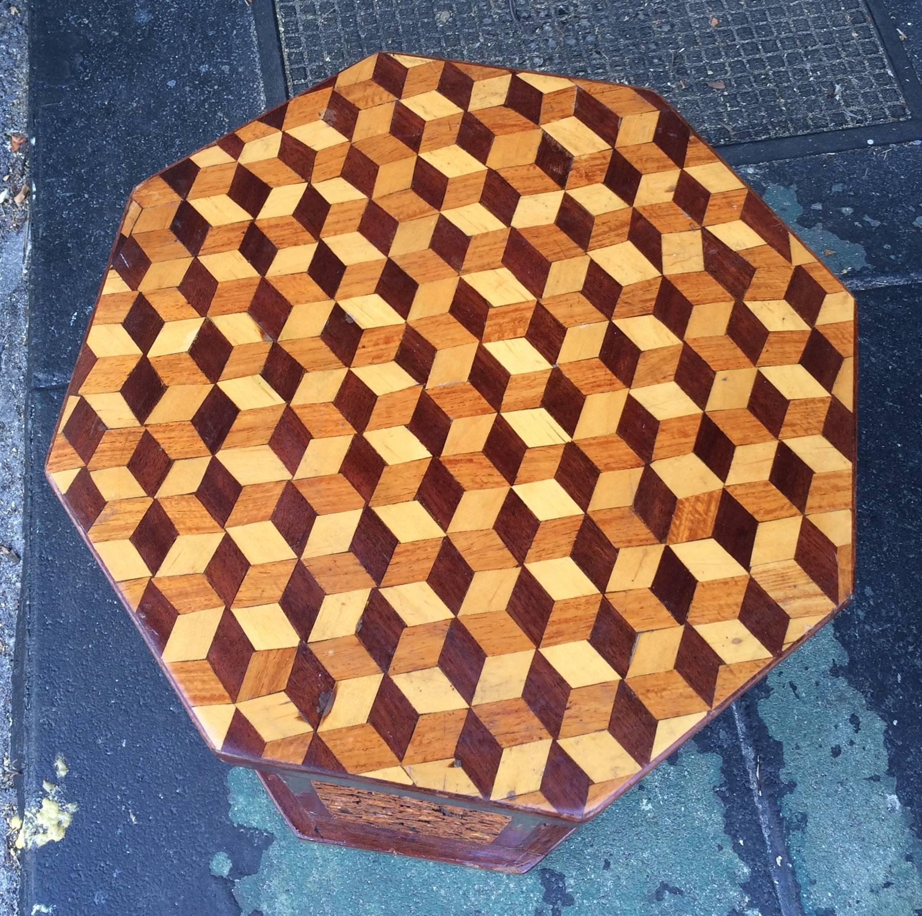 Three dimensional op art marquetry top side table. Table has walnut shells as decoration on the side panels. Fine craftsmanship signed Grandpappy WM A Duncan 1985 age 80 years. A truly unique piece of furniture.