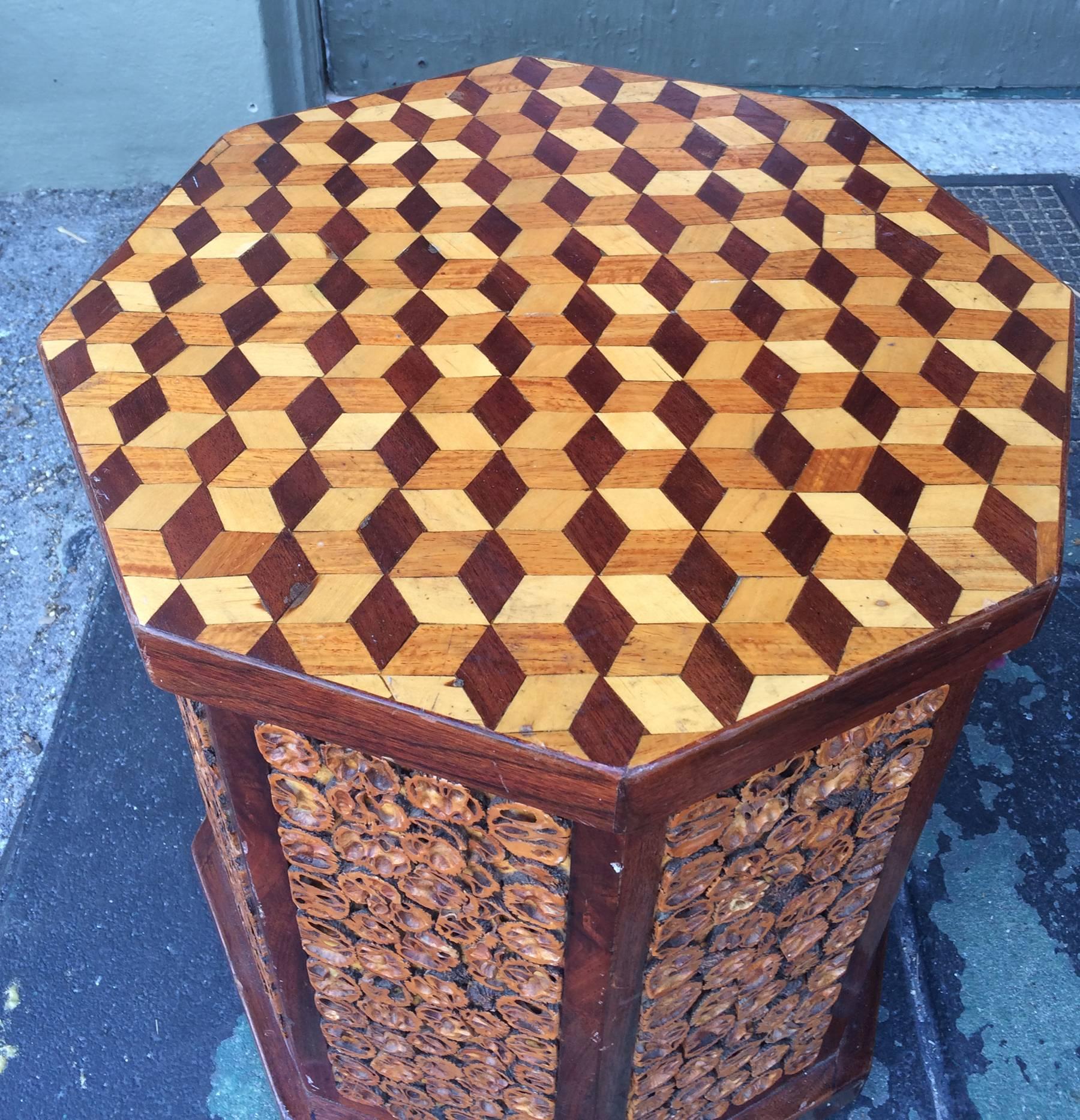 Folk Art Octagonal Side Table Op Art Top Signed WM A Duncan, 1985 In Excellent Condition In West Palm Beach, FL