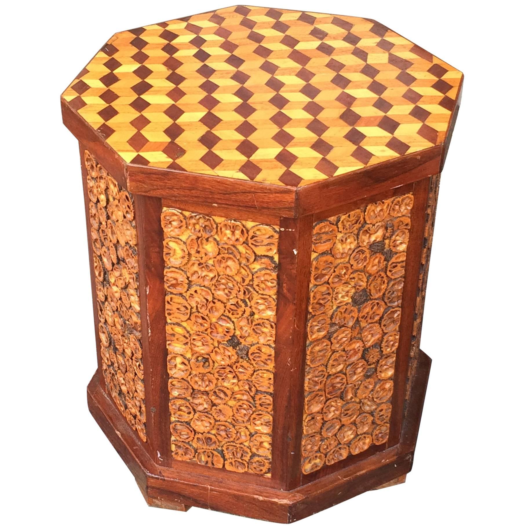 Folk Art Octagonal Side Table Op Art Top Signed WM A Duncan, 1985