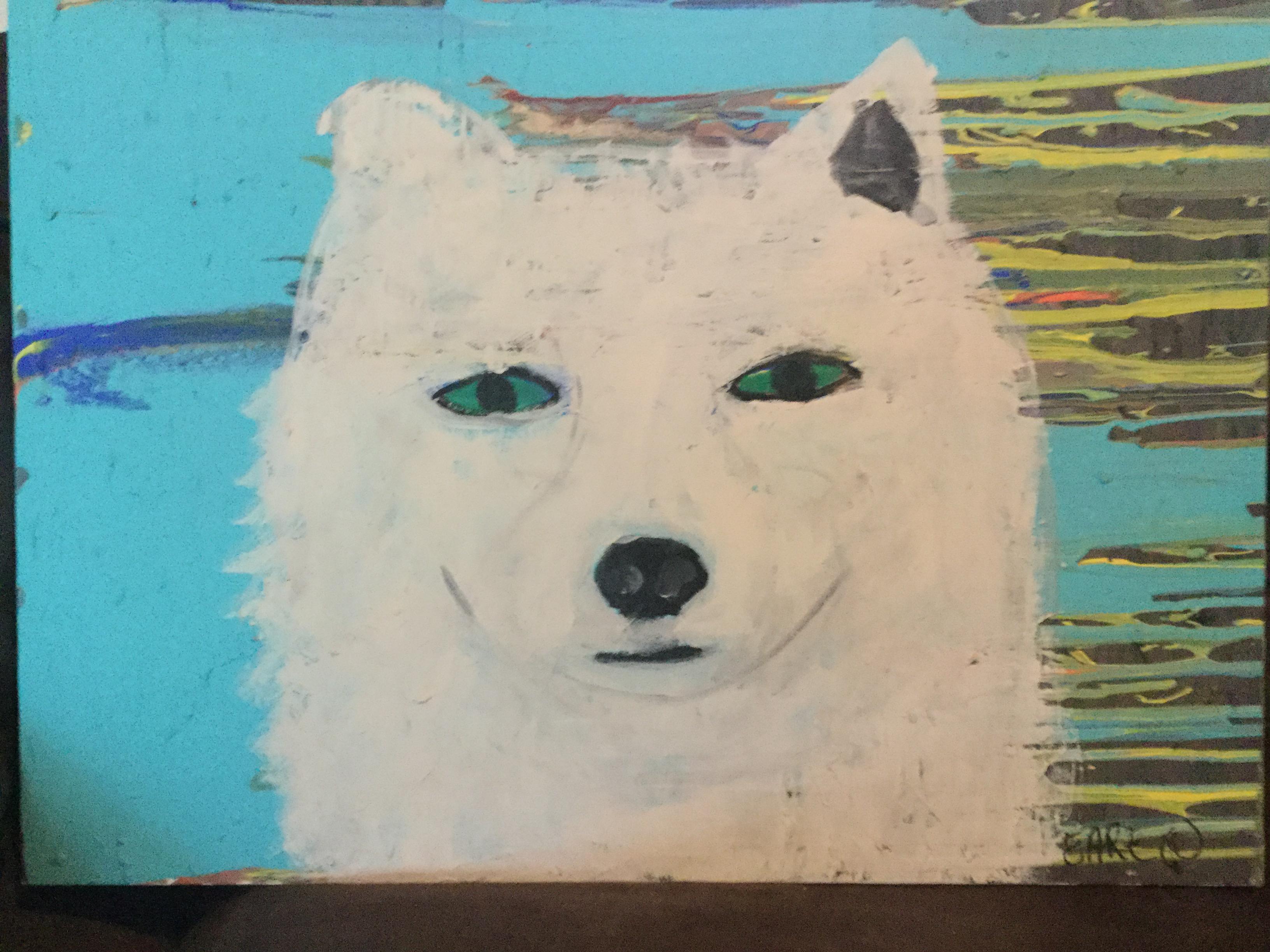 Outsider art painting of a dog. Looks like a malamute or husky. Acrylic on canvas. Signed Earl. Earl Swanigen in a well-known folk painter in Hudson, NY.