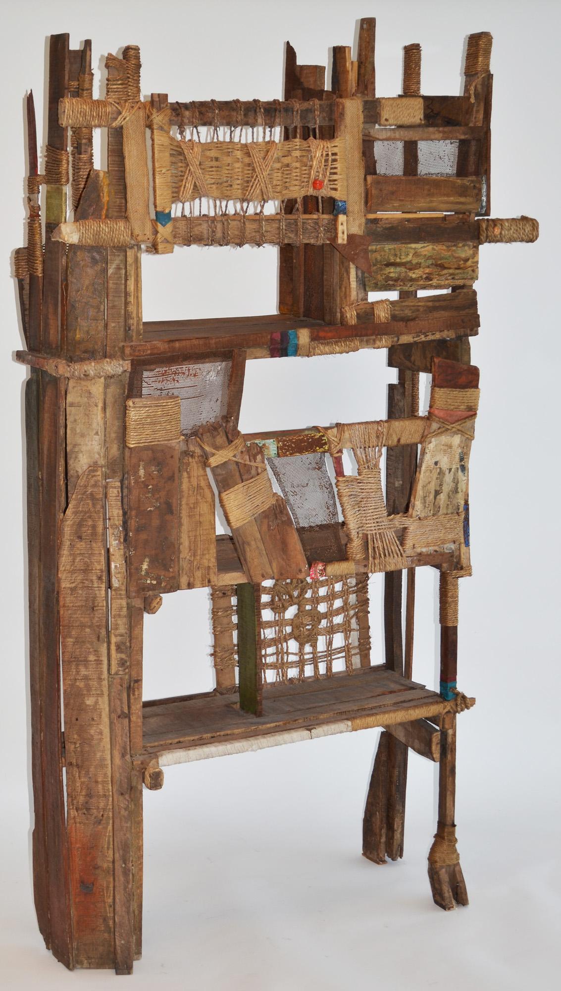 Folk Art Outsider Screen Room Divider Shelf Studio Modern
A one-off design by Calcutta, India-based artist P. Mohanta. Purchased in early 2000 from a Calcutta gallery. Composed of found objects, weathered and reclaimed wood, rope, metals and