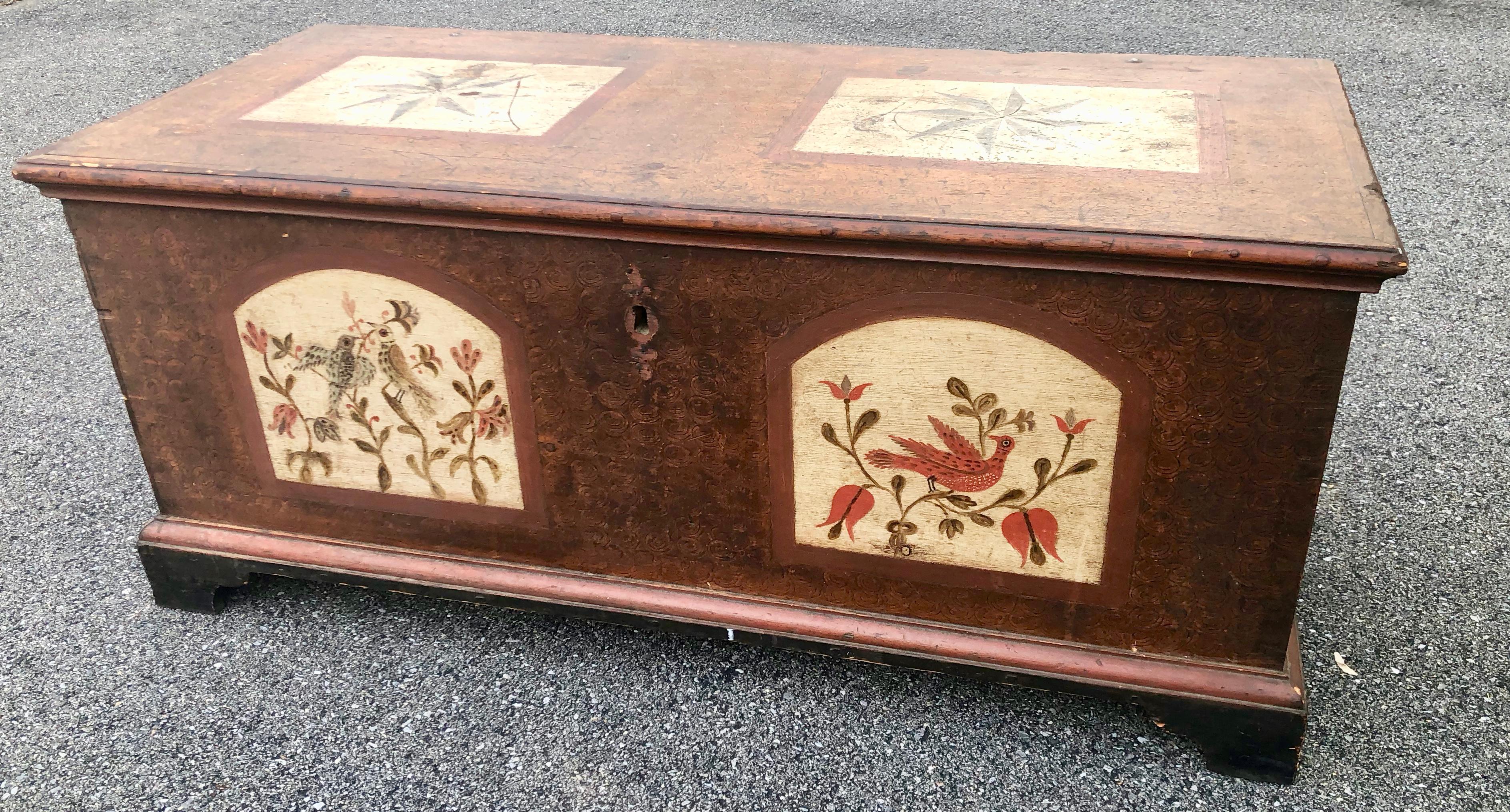 Folk Art paint decorated blanket chest by Fraktur artist Heinriech Otto 1790 Dauphin County Pennsylvania original paint.
The painted decoration on this Pennsylvania-German chest relates to the work of the fraktur artists Heinrich and Daniel Otto