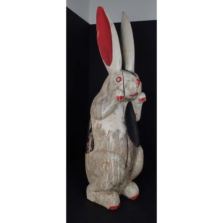 American Folk Art Carved and Painted Wood Rabbit in White, Black and Red