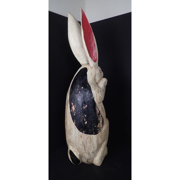 Folk Art Carved and Painted Wood Rabbit in White, Black and Red In Fair Condition In Norwood, NJ