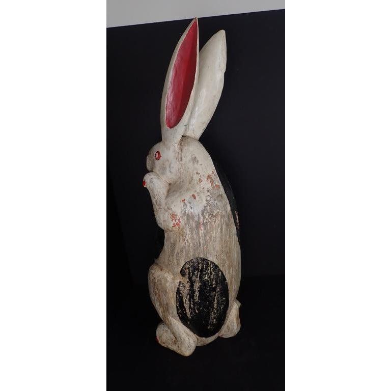 20th Century Folk Art Carved and Painted Wood Rabbit in White, Black and Red