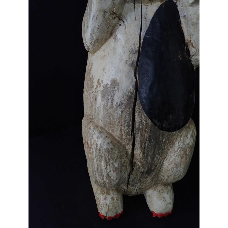 Folk Art Carved and Painted Wood Rabbit in White, Black and Red 1