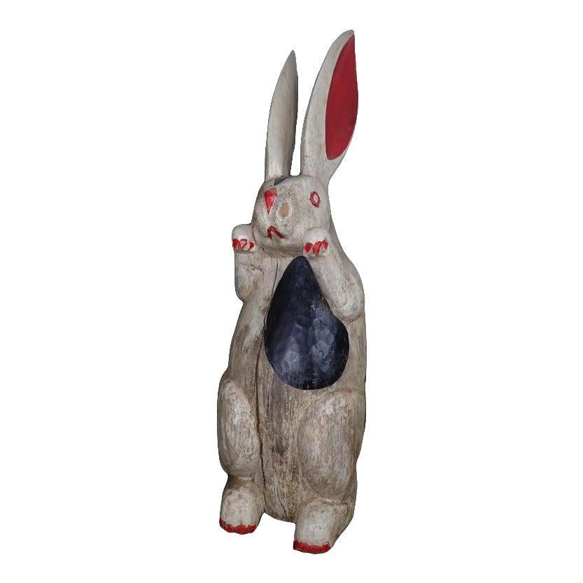 Folk Art Carved and Painted Wood Rabbit in White, Black and Red