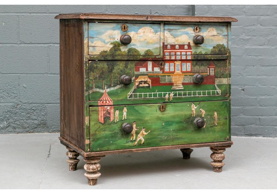 A classic antique two over three drawer chest with carved top edge, knob pulls and raised on turned legs. The metal escutcheons lack a key. Painted overall in light brown, the top and sides with thin red bands. The drawers painted at a later time in