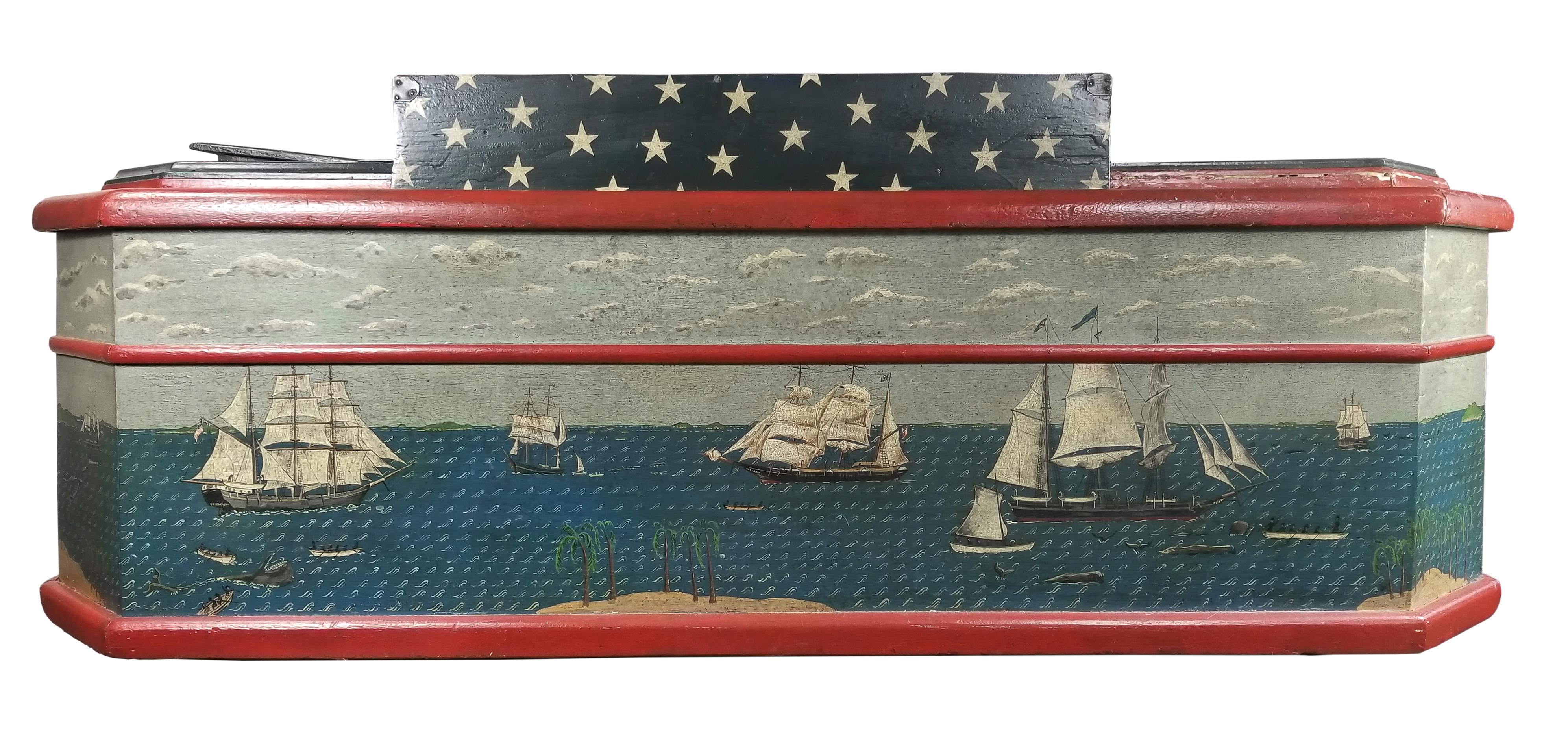 American Edwin Nagel Folk Art Painted Casket Coffee Table New England Maritime Motif 