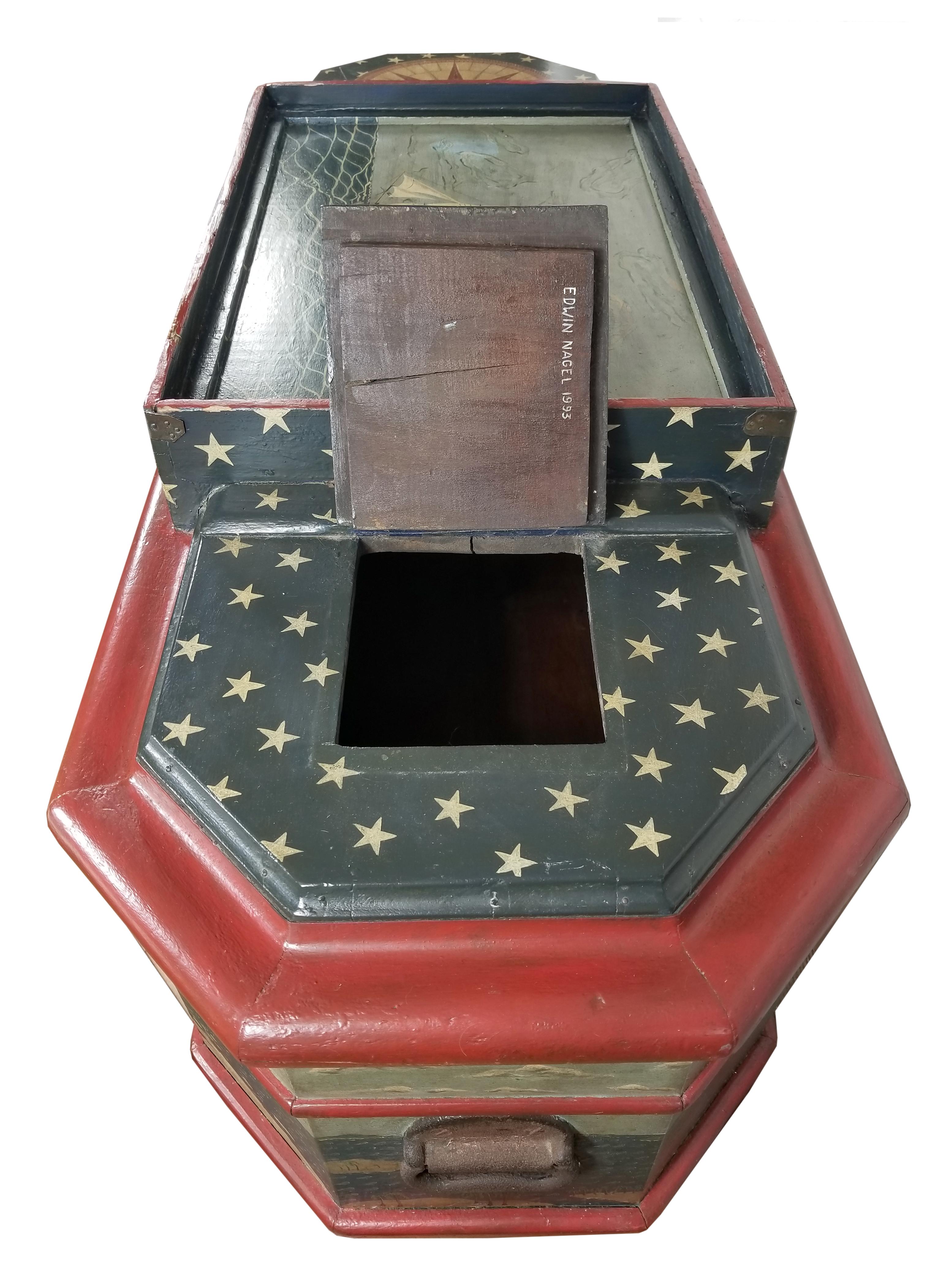 Hardwood Edwin Nagel Folk Art Painted Casket Coffee Table New England Maritime Motif