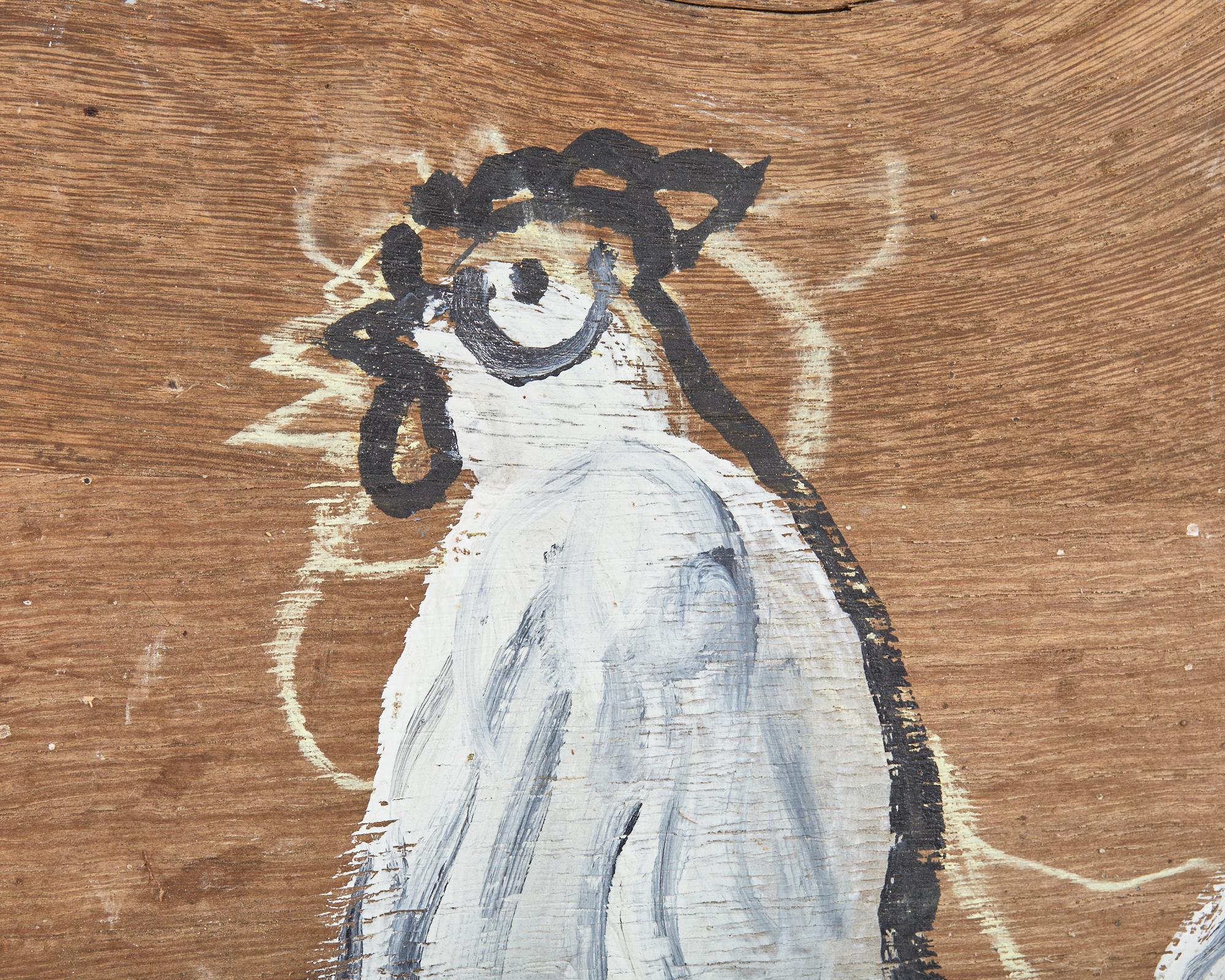 Folk Art Painted Country French Chicken on Oak by Ira Yeager In Distressed Condition In Rio Vista, CA