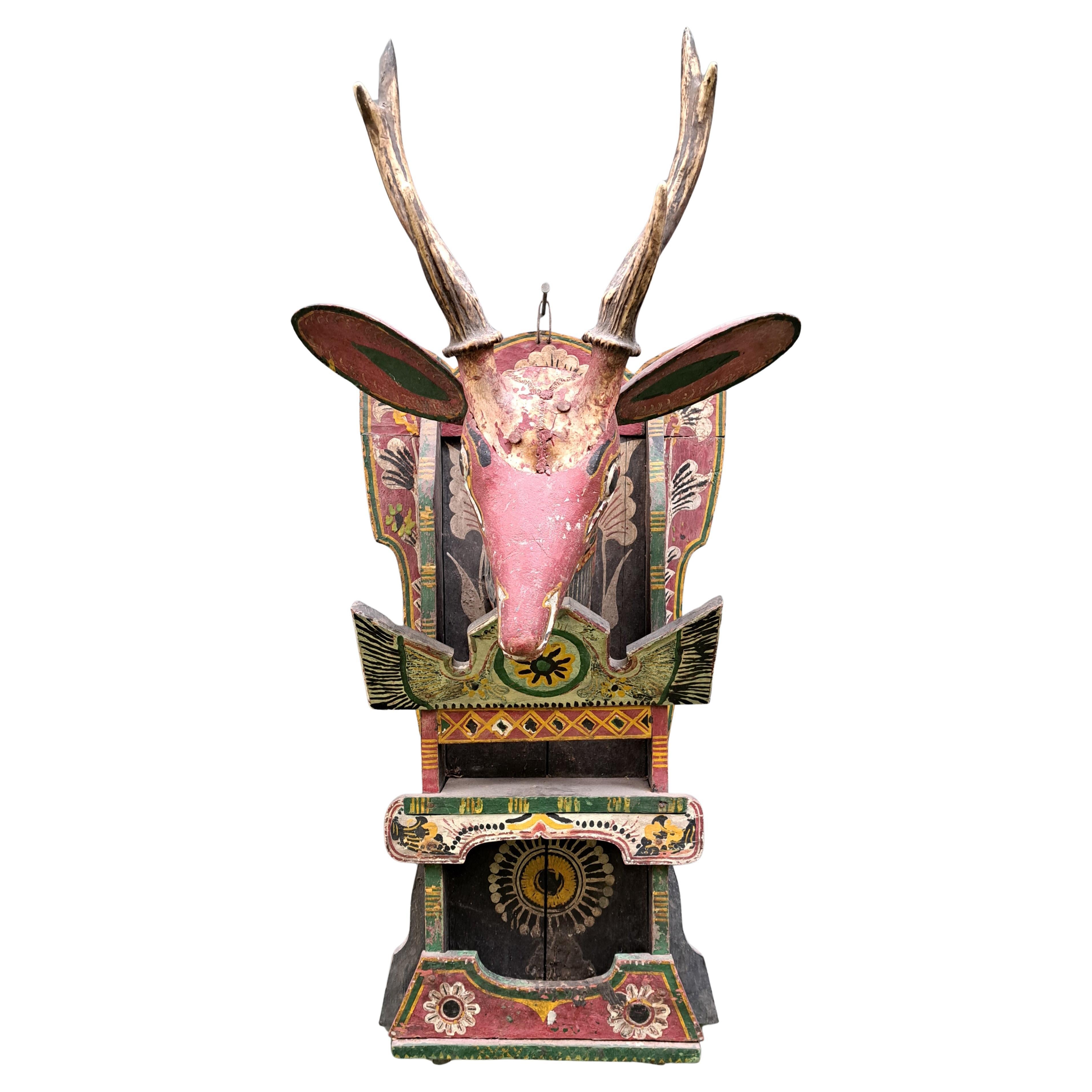 Folk Art Painted Deer Head with Real Antlers