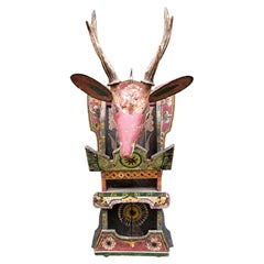 Folk Art Painted Deer Head with Real Antlers