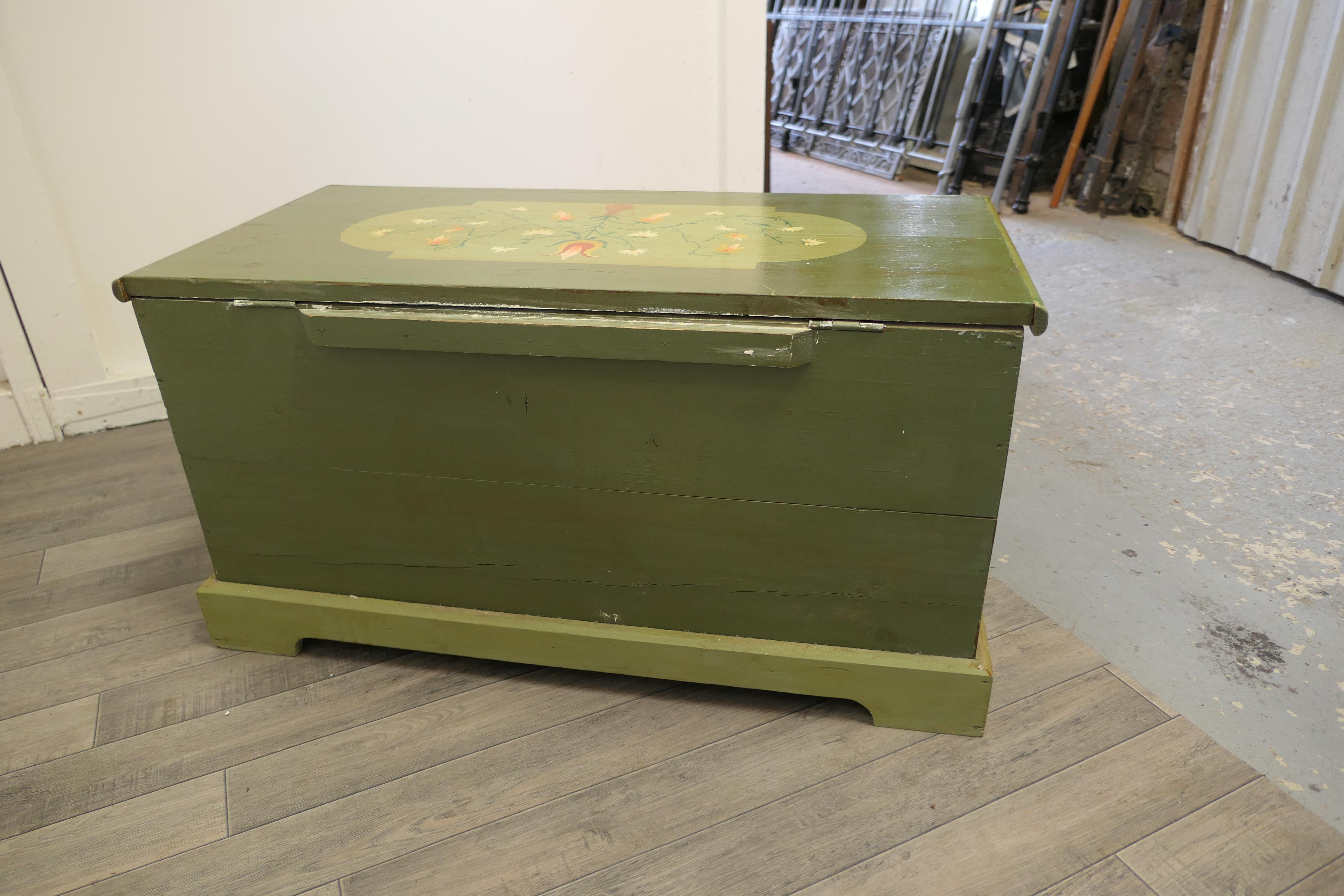Folk Art painted pine chest

This is a lovely piece, it has hand painted decoration, on the top, front and sides 

The chest stands on a bracket footed plinth it is made in solid pine and is ingood sturdy condition, great for storage, seating or