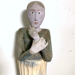 Folk Art Painted Plaster Figurative Sculpture on Column, D. 1983