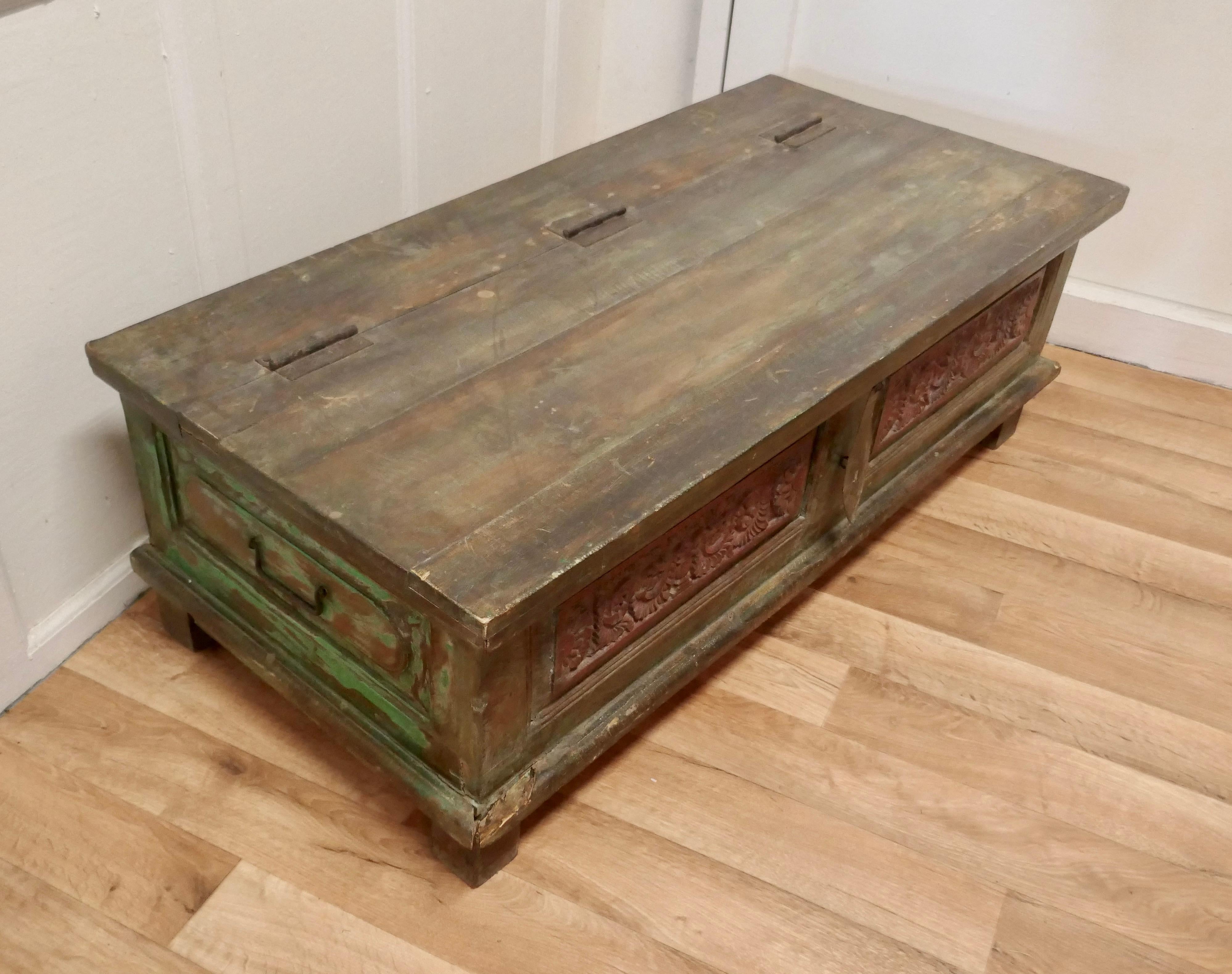 19th Century Folk Art Painted Storage Chest, Coffee Table For Sale