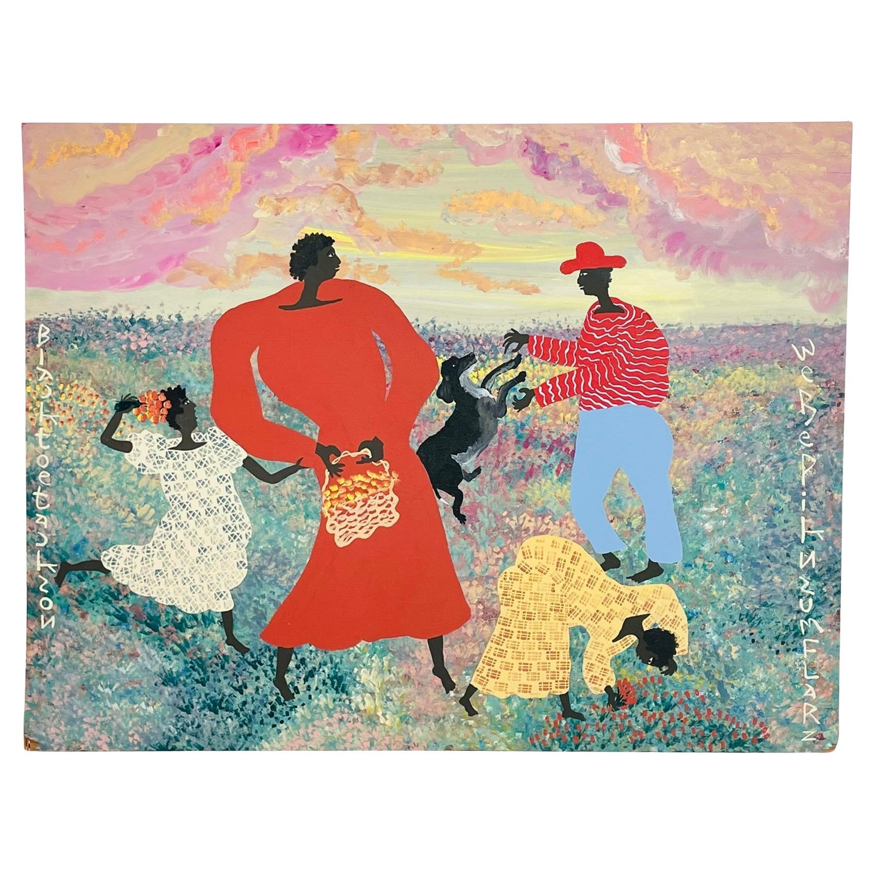 Peinture d'art populaire de Black Joe Jackson, intitulée "We Be Pickn Sum Flars" US 1960's