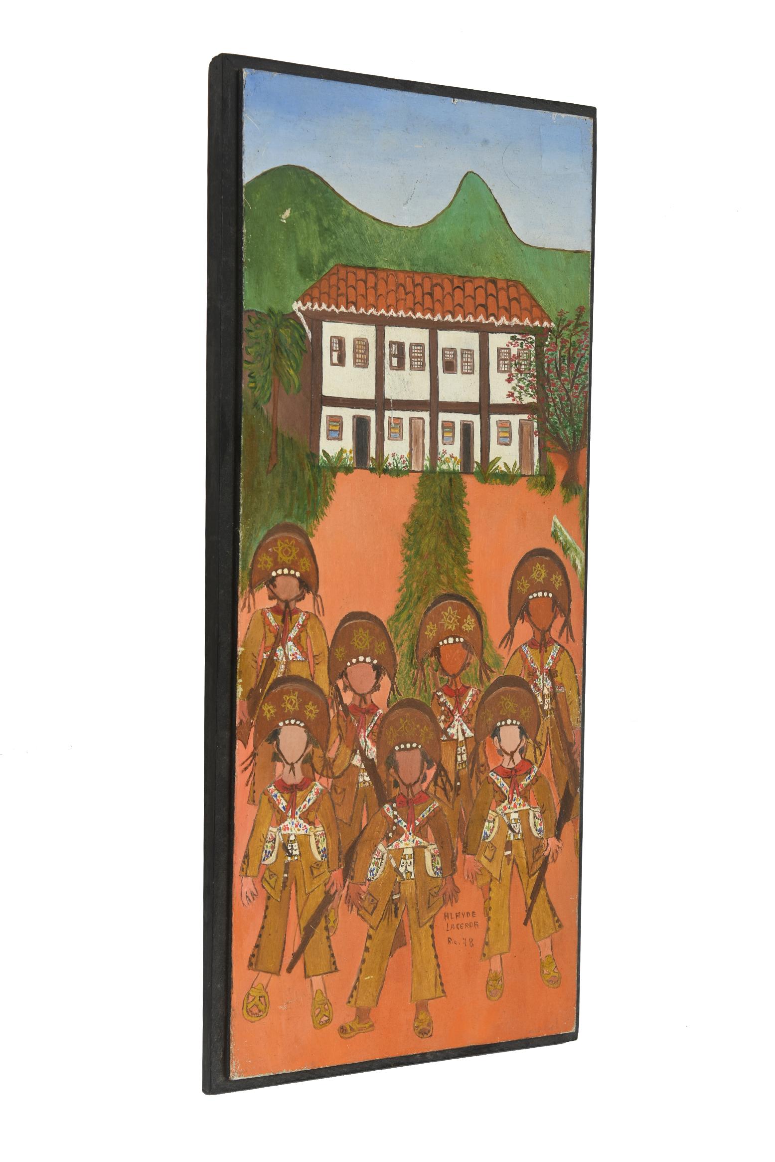 Wonderful painting on wood by Brazilian artist Alayde Lacerda. The painting features a villa set back in a valley with the mountains in the background. In front of the house is a group of 7 soldiers in period dress - they are holding knives and