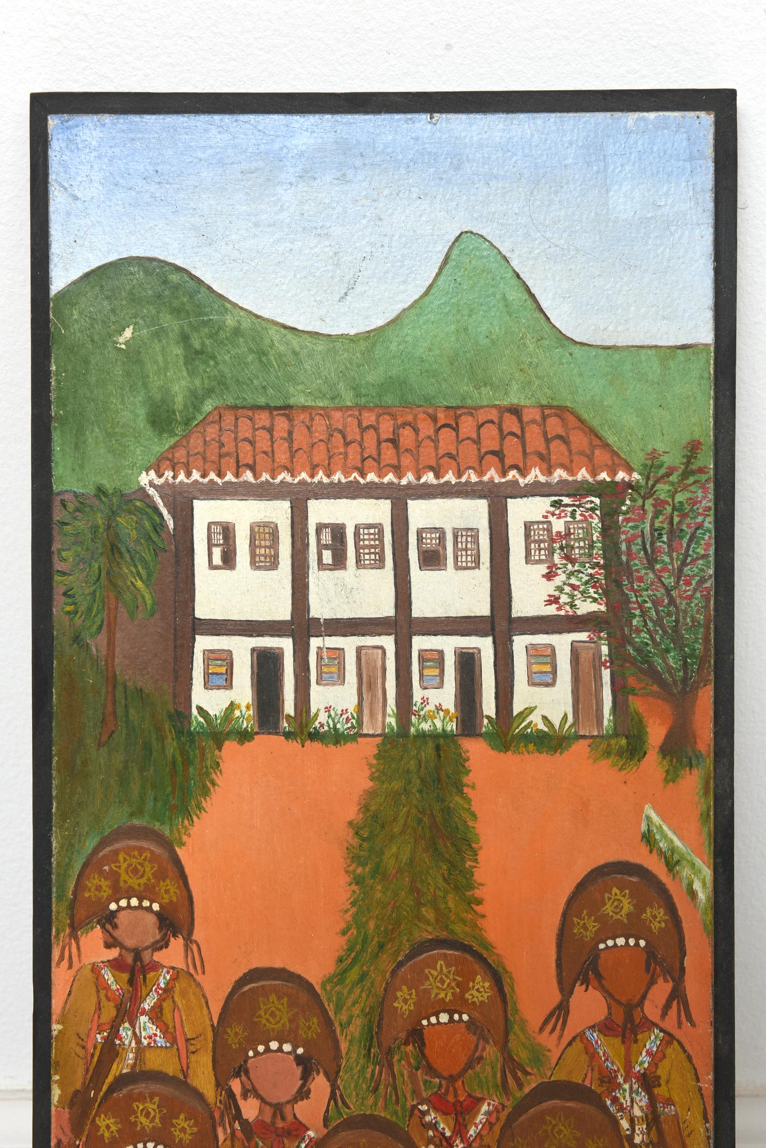 Volkskunstgemälde einer Villa Hacienda mit Soldaten in Tracht von Alayde Lacerda (Brasilianisch) im Angebot