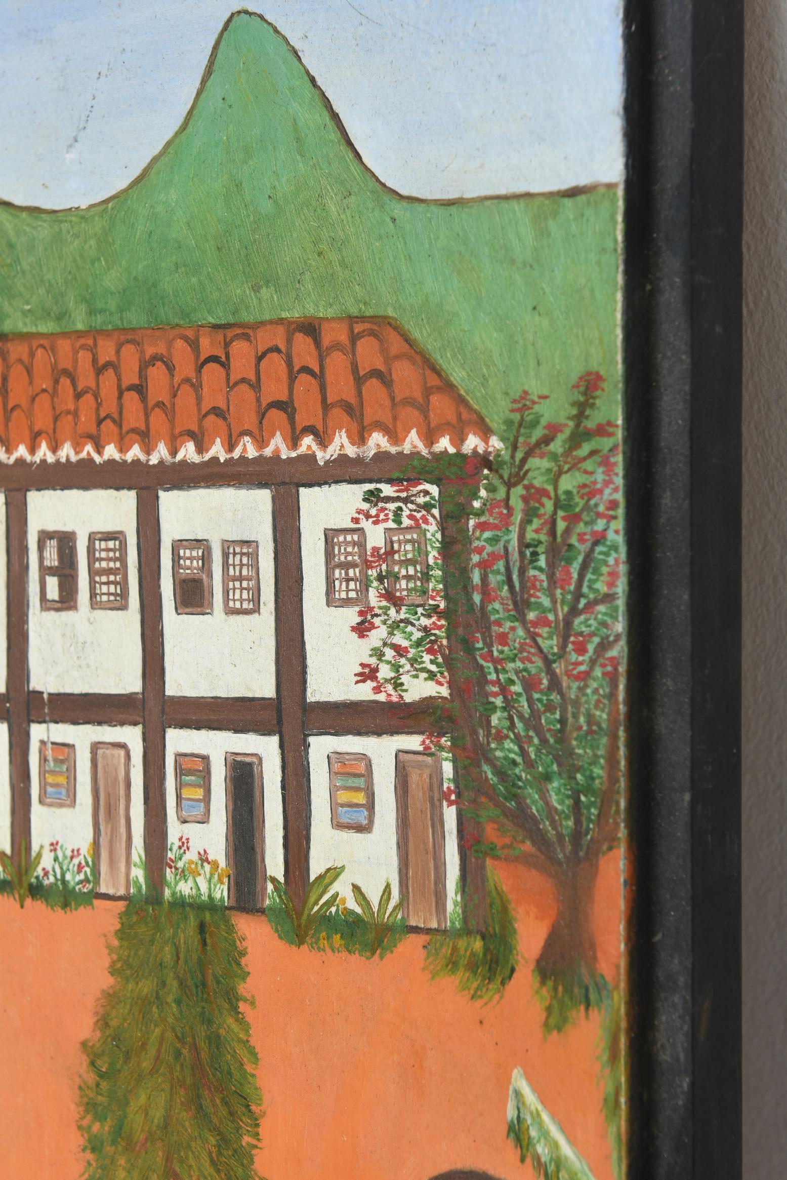 Wood Folk Art Painting of a Villa Hacienda with Soldiers in Costume by Alayde Lacerda For Sale