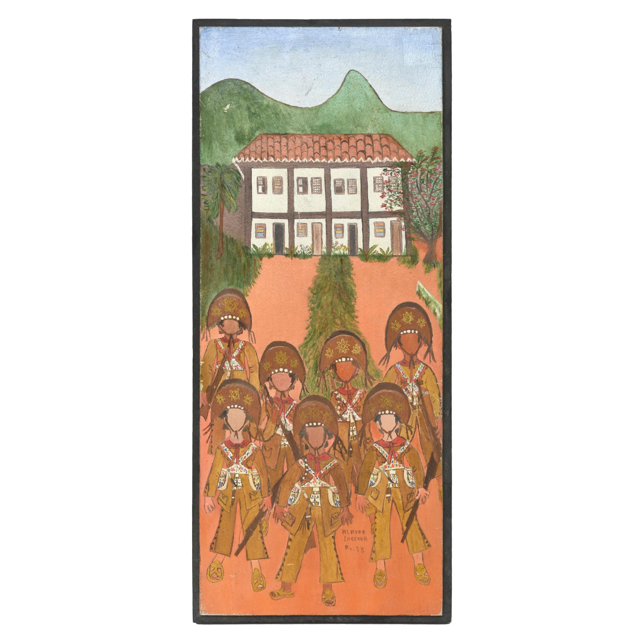 Pintura de Arte Popular de una Villa Hacienda con Soldados Disfrazados por Alayde Lacerda en venta