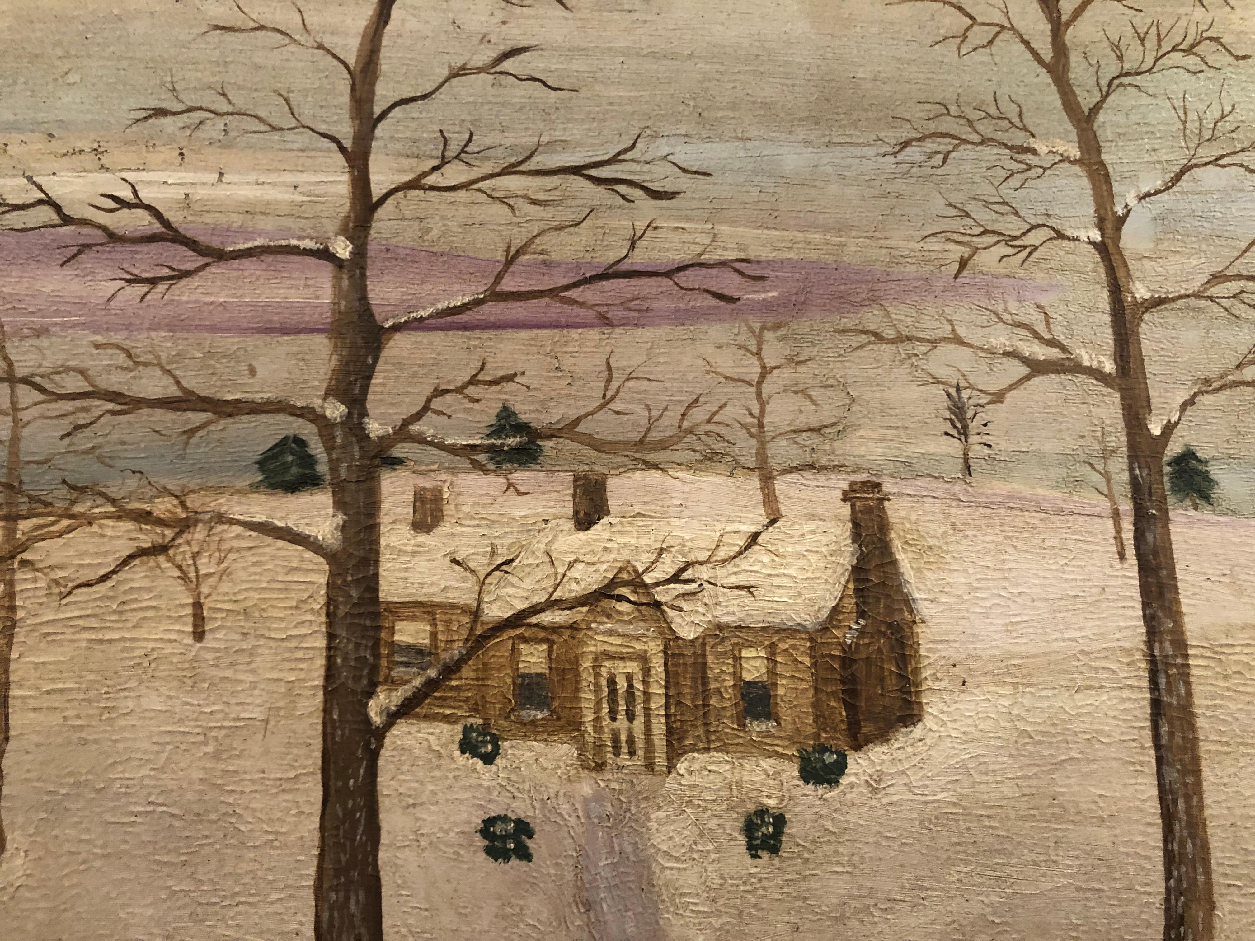 A 20th century folk art landscape painting of a winter scene, with a log cabin and village  church in the distance. Oil painting on masonite. In a hand carved oak frame.
Indistinctly signed on the lower right hand corner.
A very evocative scene with