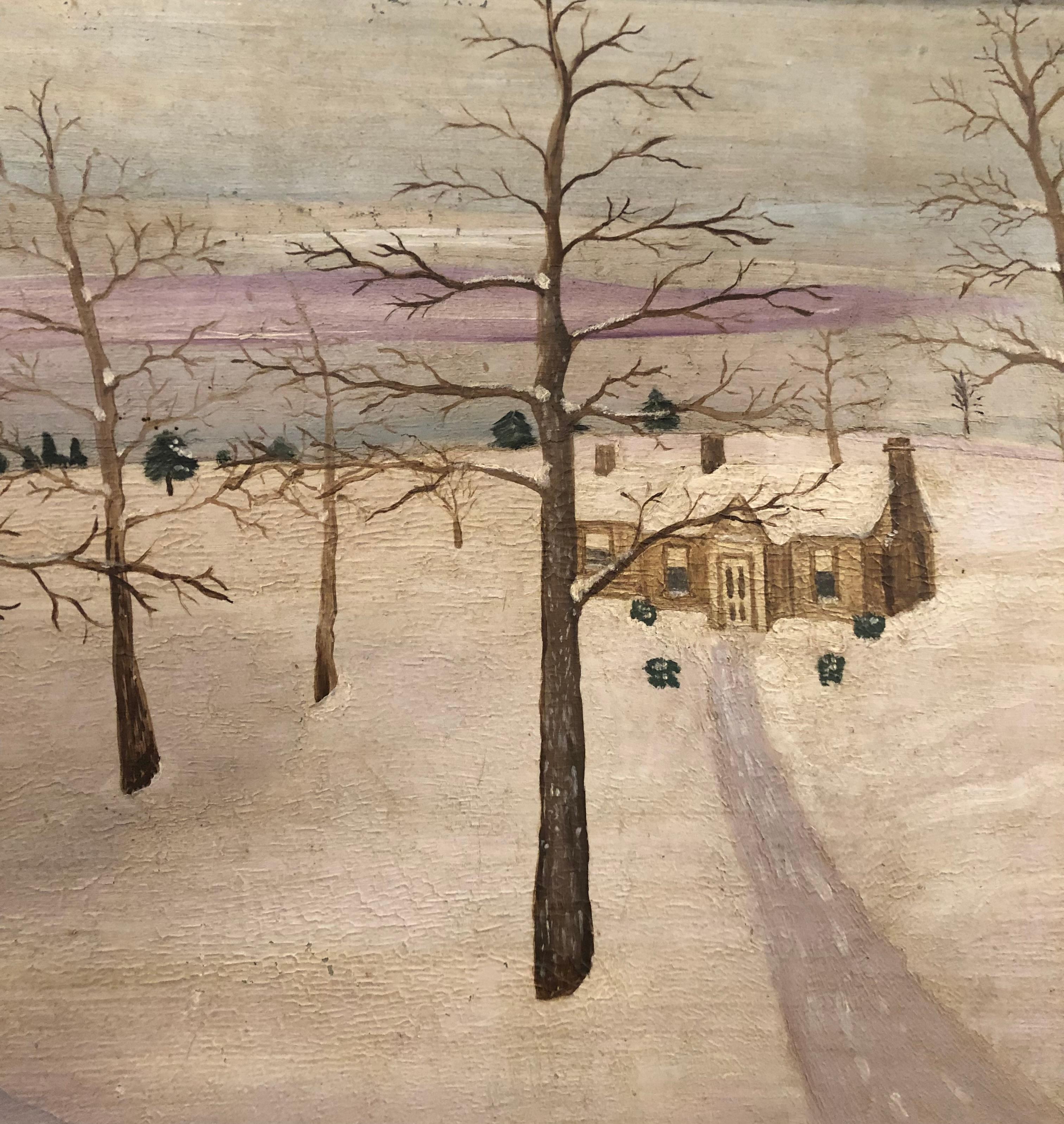 Painted Folk Art Painting of a Winter Landscape, American