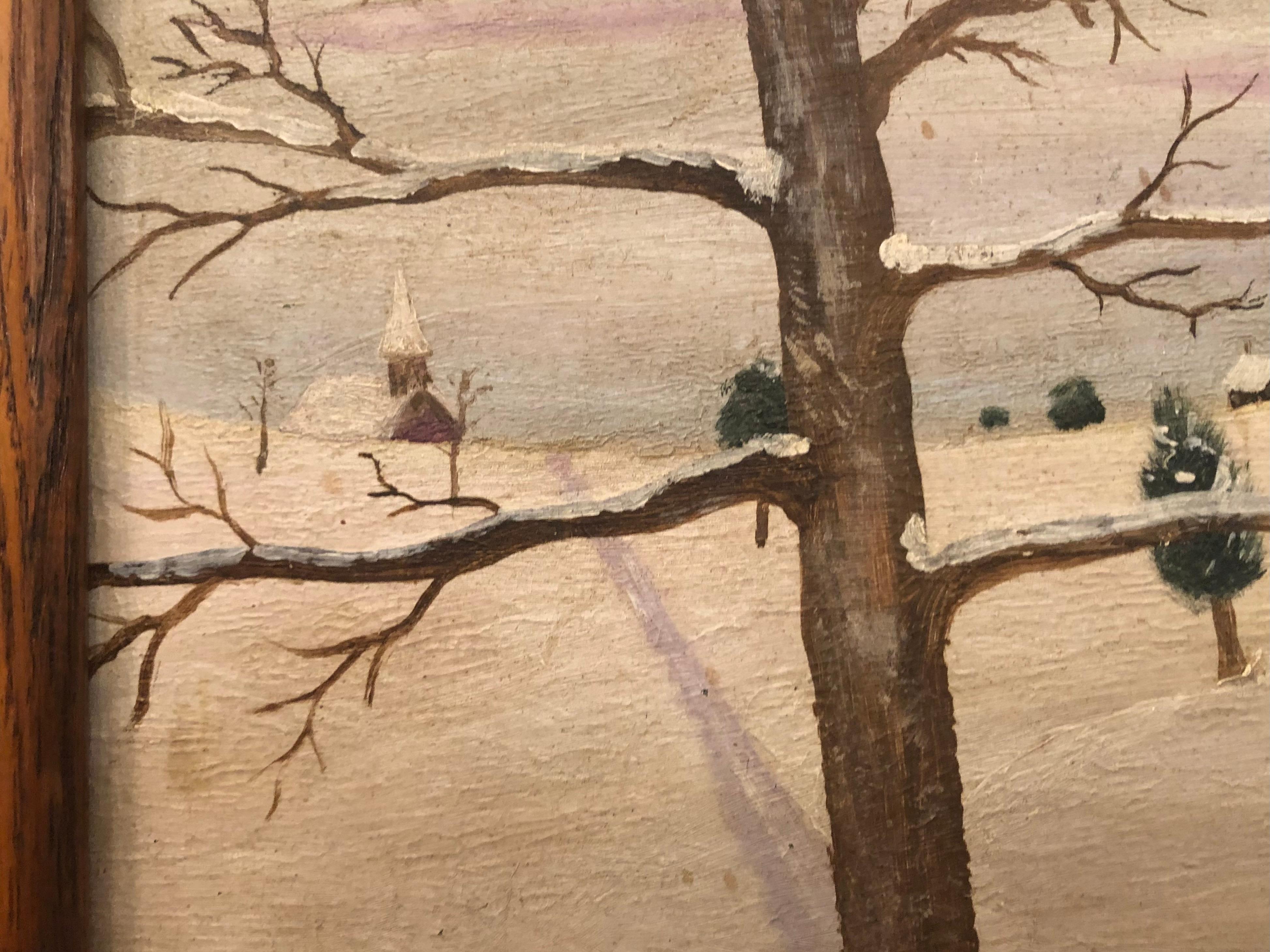 Folk Art Painting of a Winter Landscape, American In Fair Condition In Toronto, CA