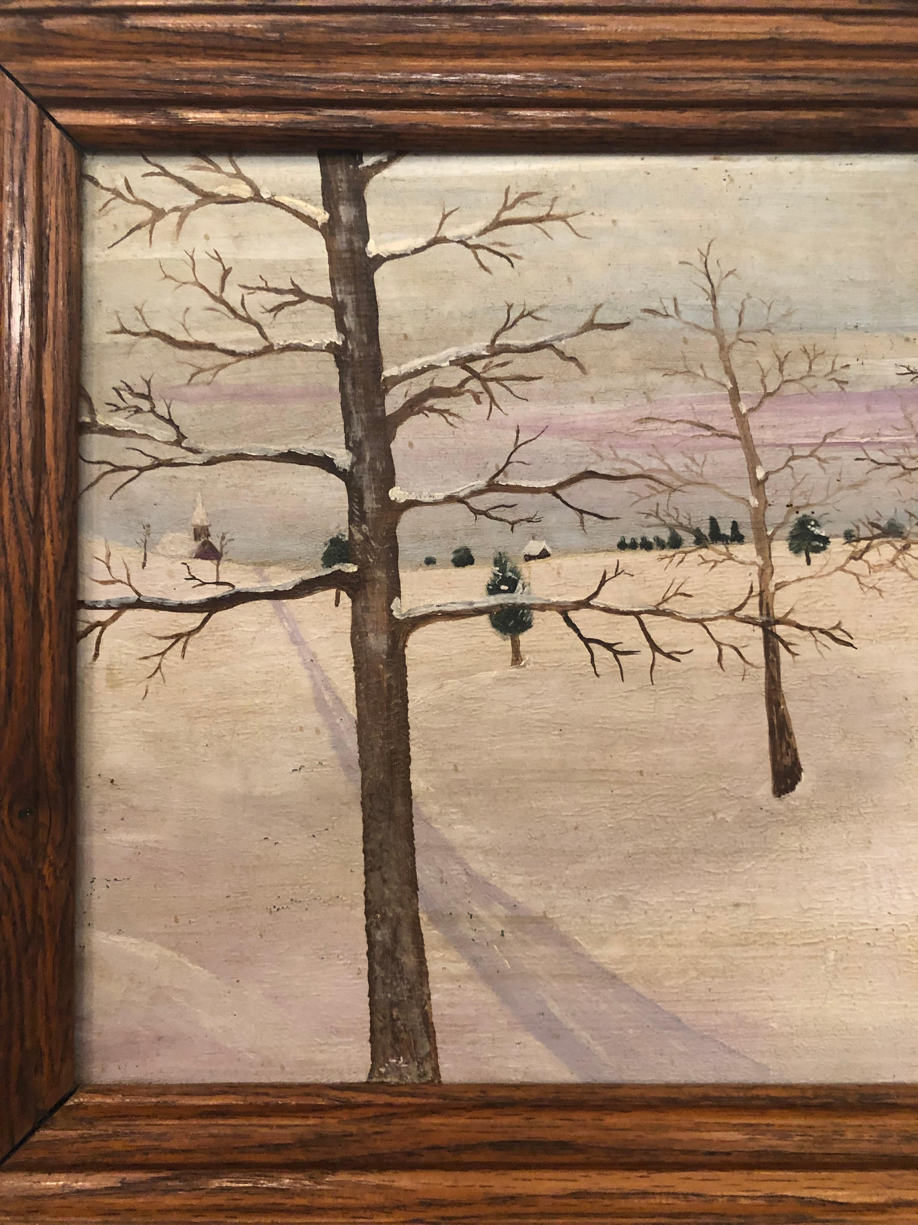 20th Century Folk Art Painting of a Winter Landscape, American
