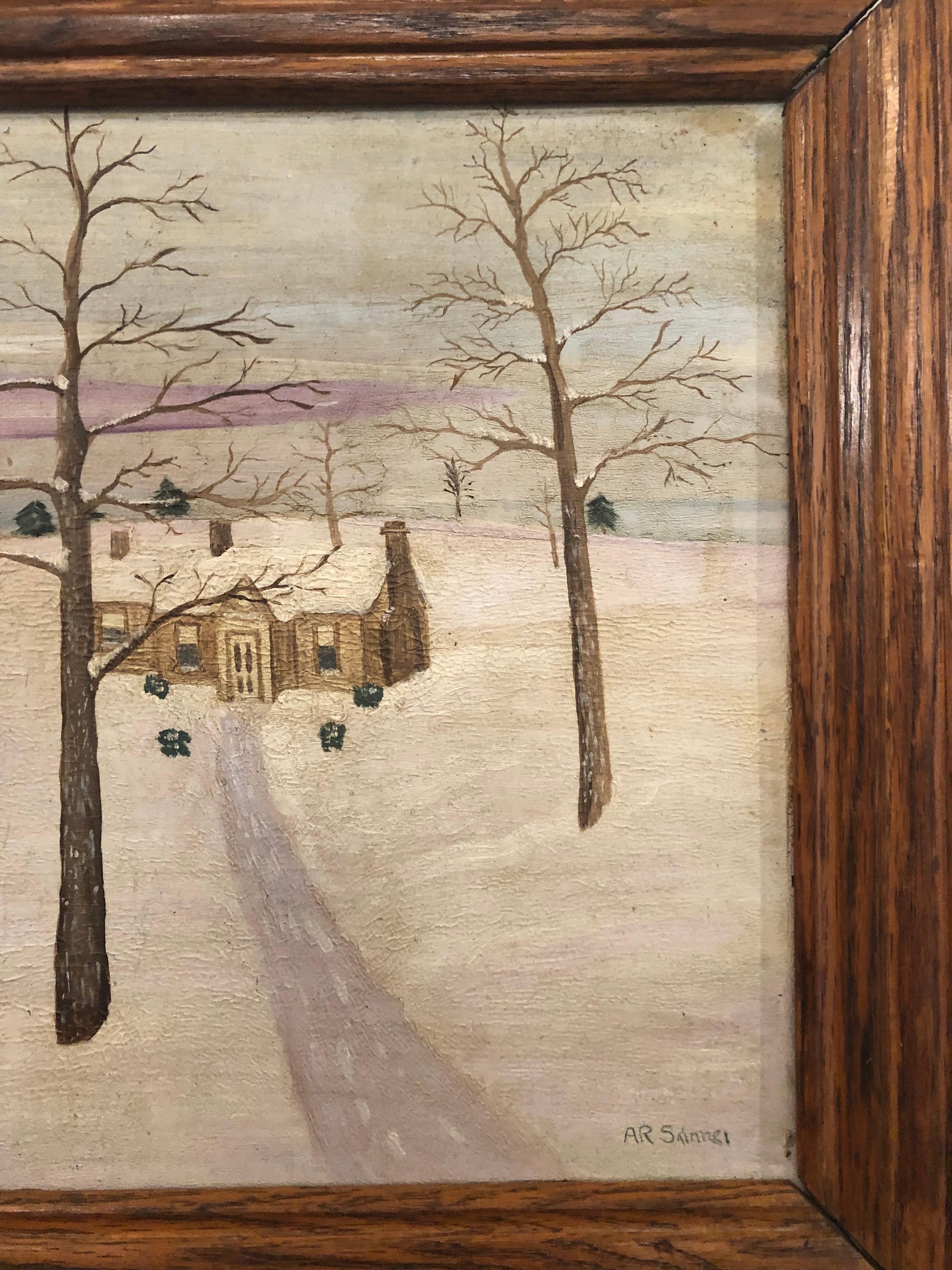 Wood Folk Art Painting of a Winter Landscape, American