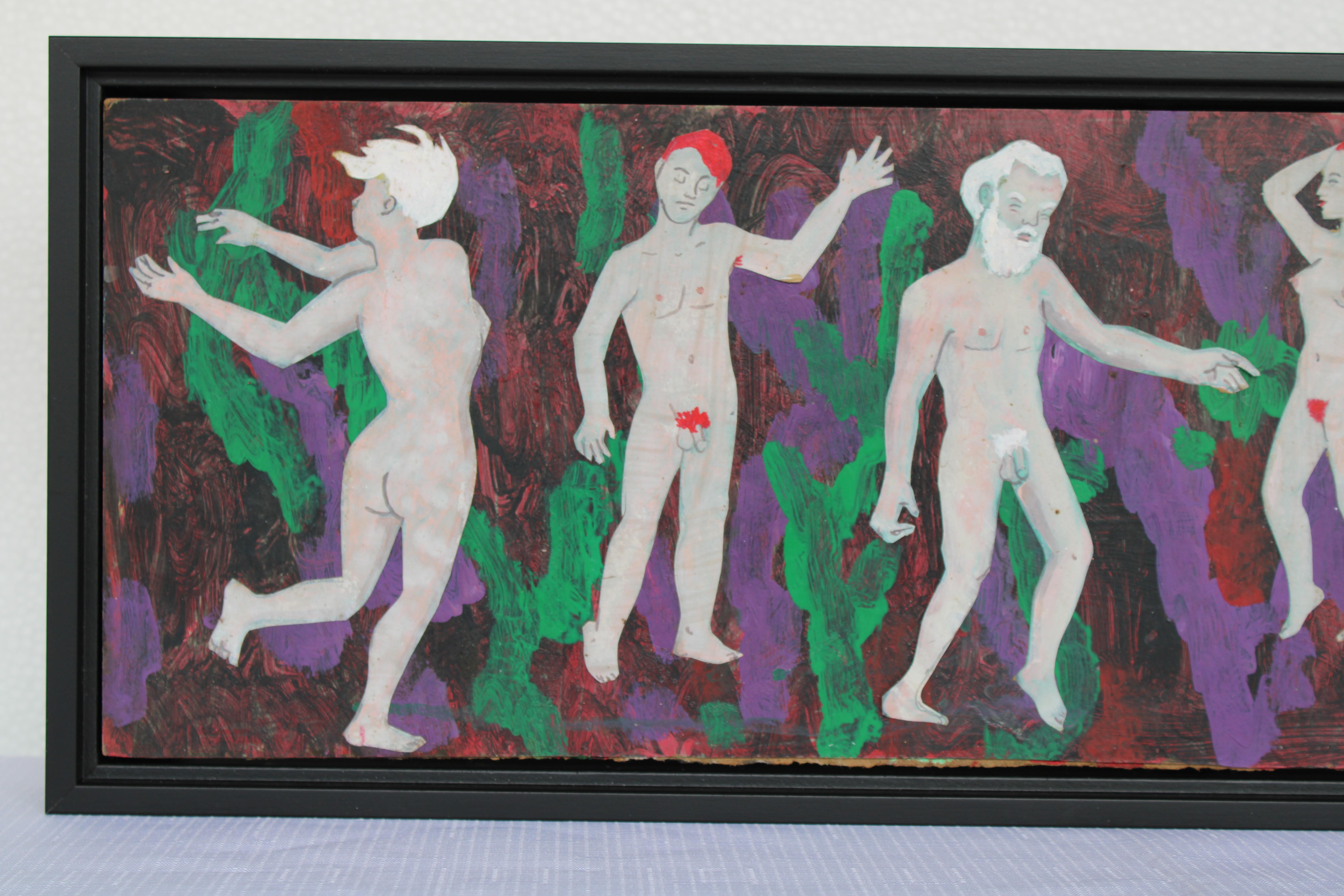 Outsider art painting using paper cutouts on masonite board titled Spielunkers, 3/10/09 RRD.  Assemblage measures 25