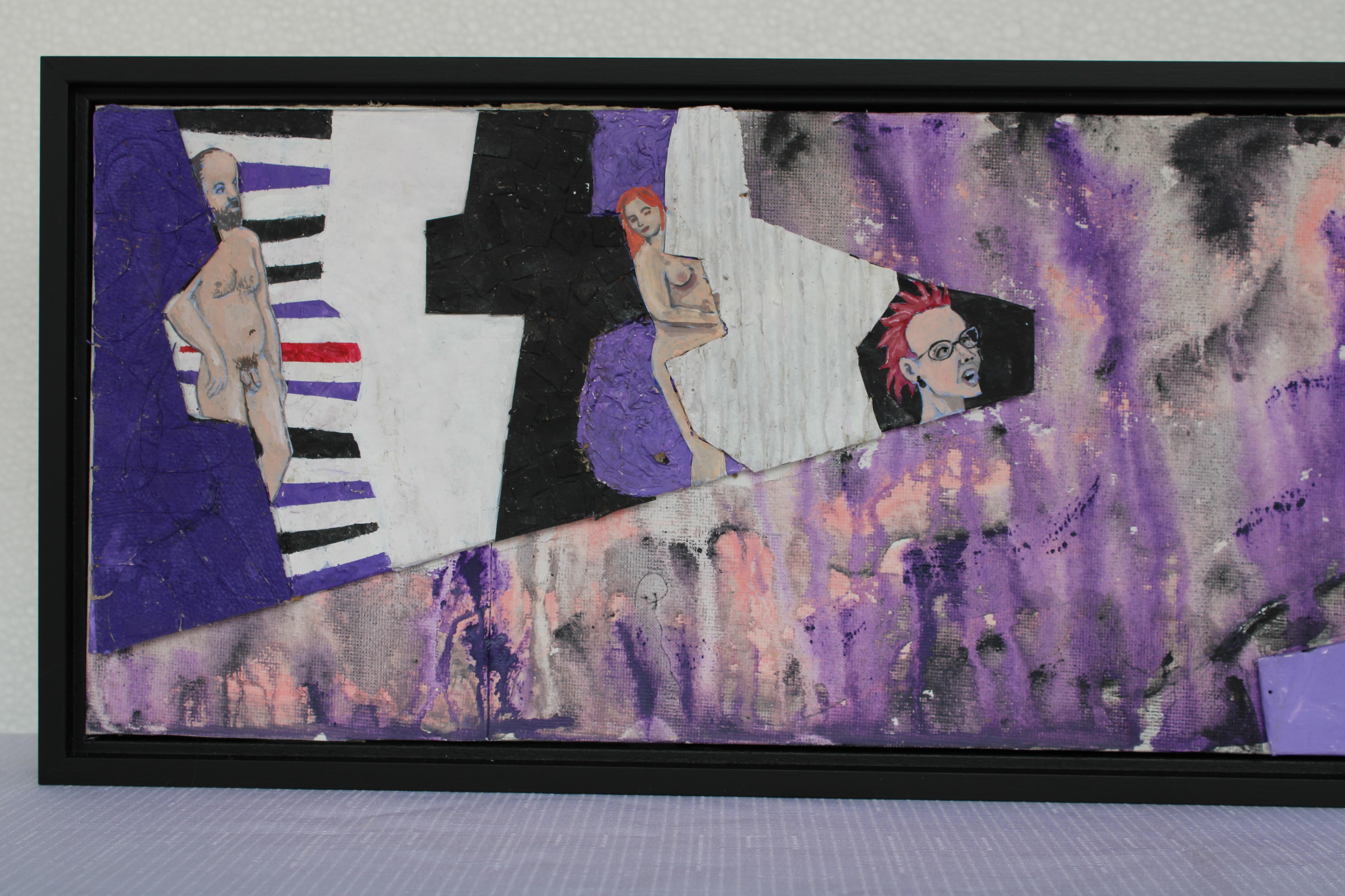 Outsider art painting using paper cutouts on masonite board titled Triple Play, 3/10-3/16/2008 RRD.  Assemblage measures 30