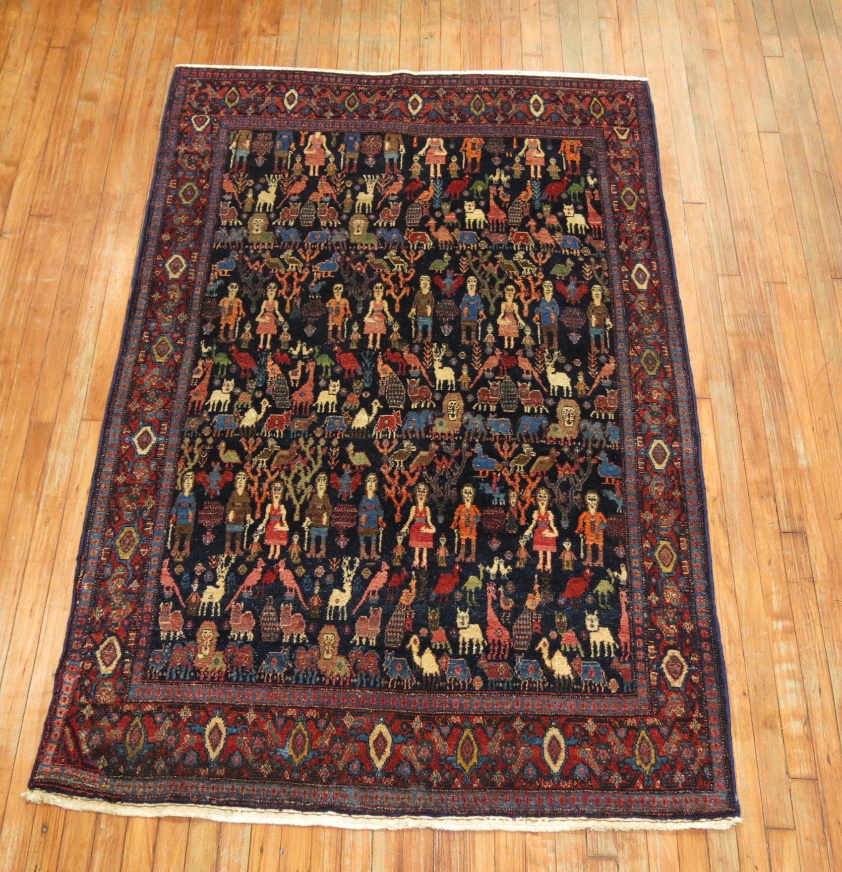 Folk Art  Human and Animal Persian Senneh Pictorial Rug